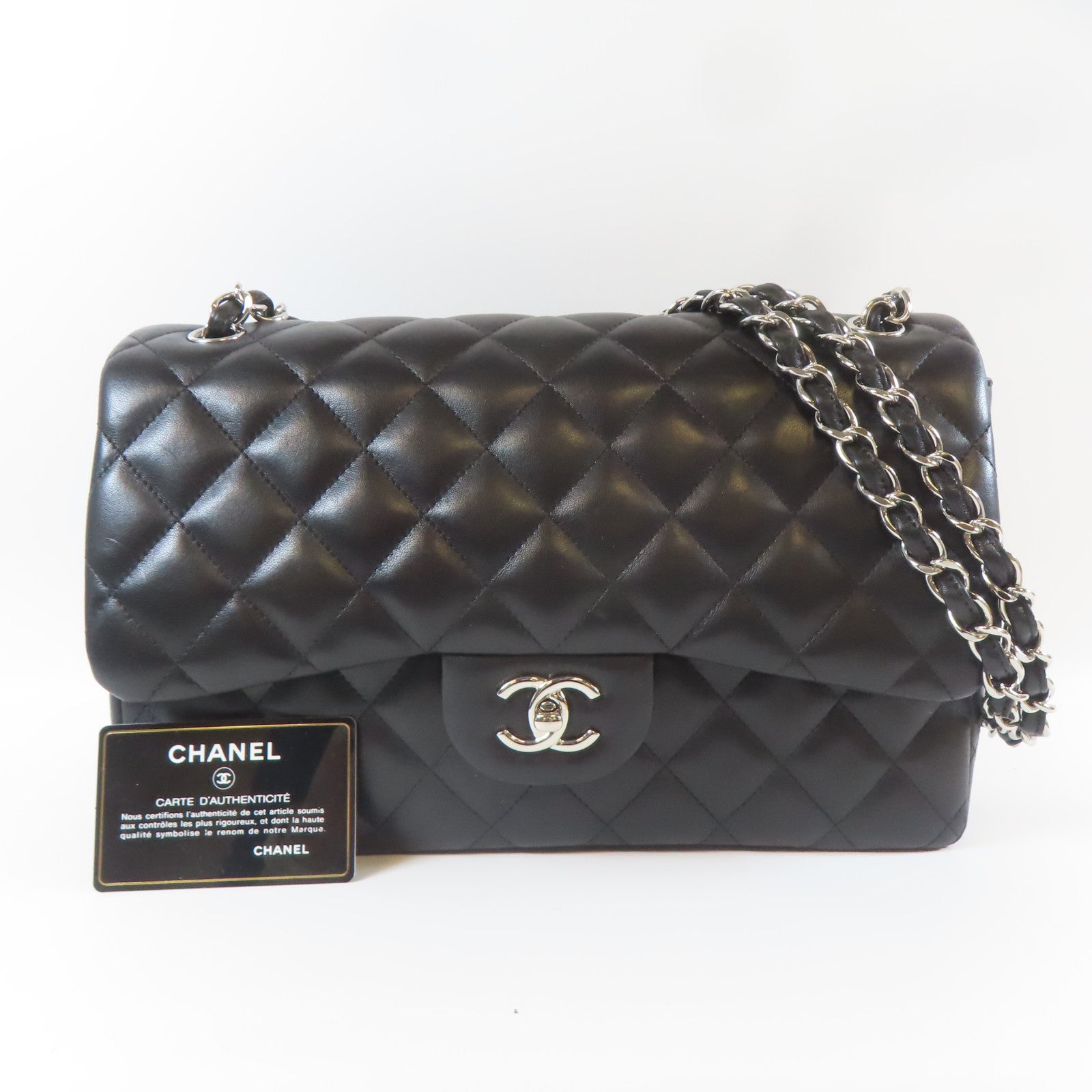 CHANEL 菱格羊皮皮革Jumbo銀扣鏈帶肩背袋黑色