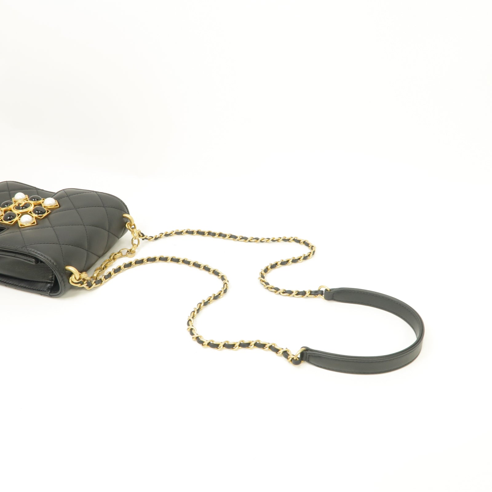 CHANEL 菱格Caviar皮革2 Way Chain Shoulder金扣鏈帶手挽肩背兩用袋黑色