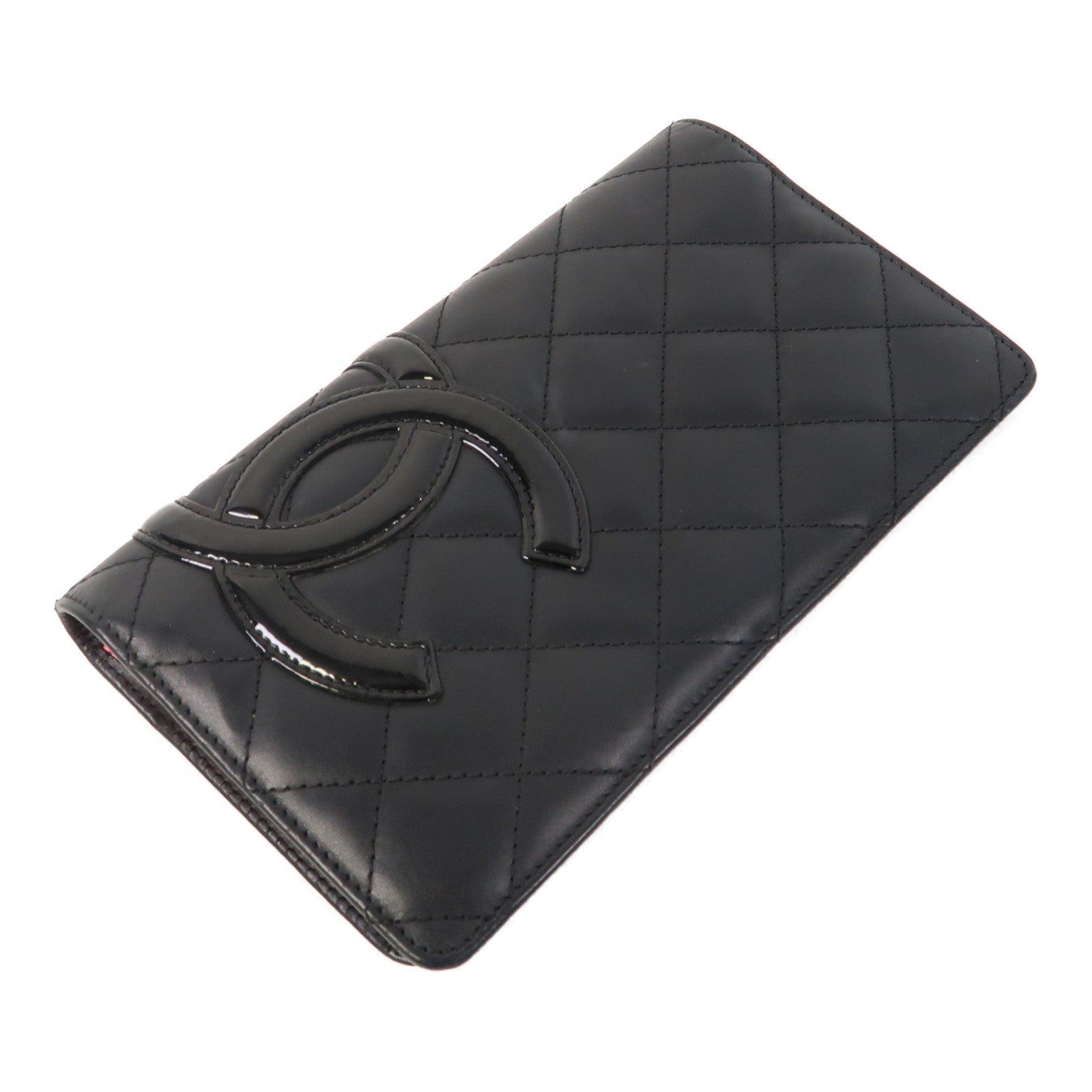 CHANEL 菱格牛皮皮革Cambon Long Wallet銀扣钱包黑色/粉紅色
