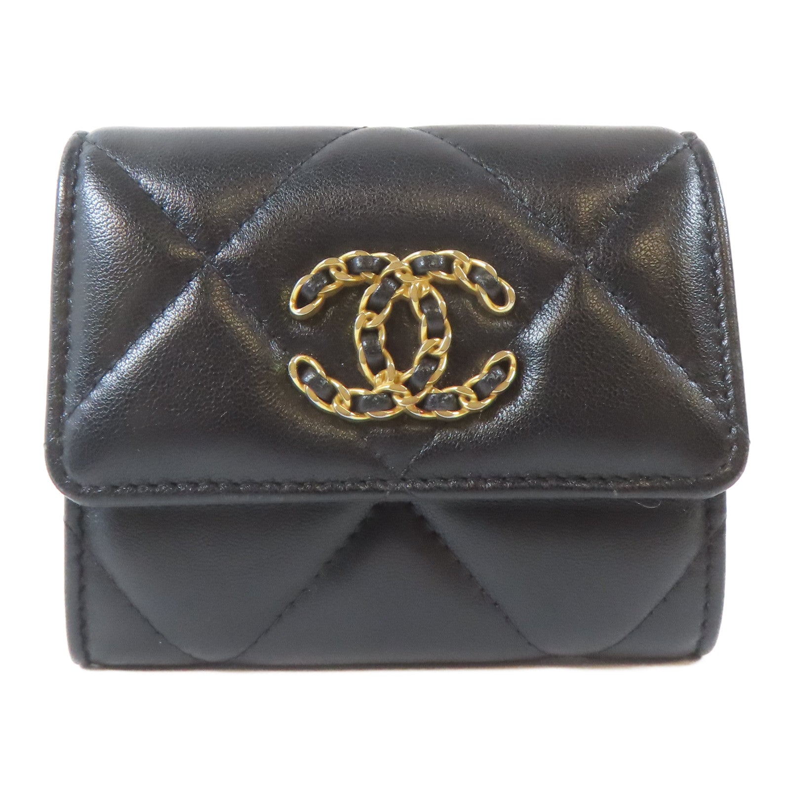 CHANEL 菱格羊皮皮革19 Card Case金扣卡片套黑色