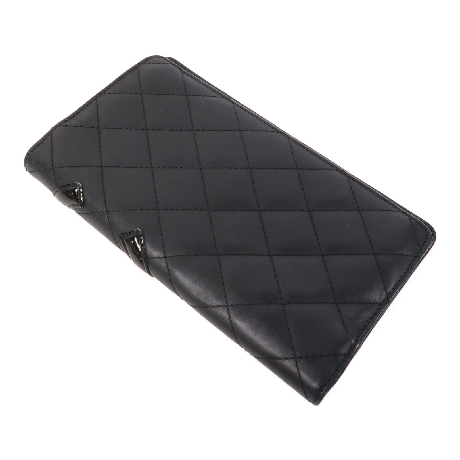 CHANEL 菱格牛皮皮革Cambon Long Wallet銀扣钱包黑色/粉紅色