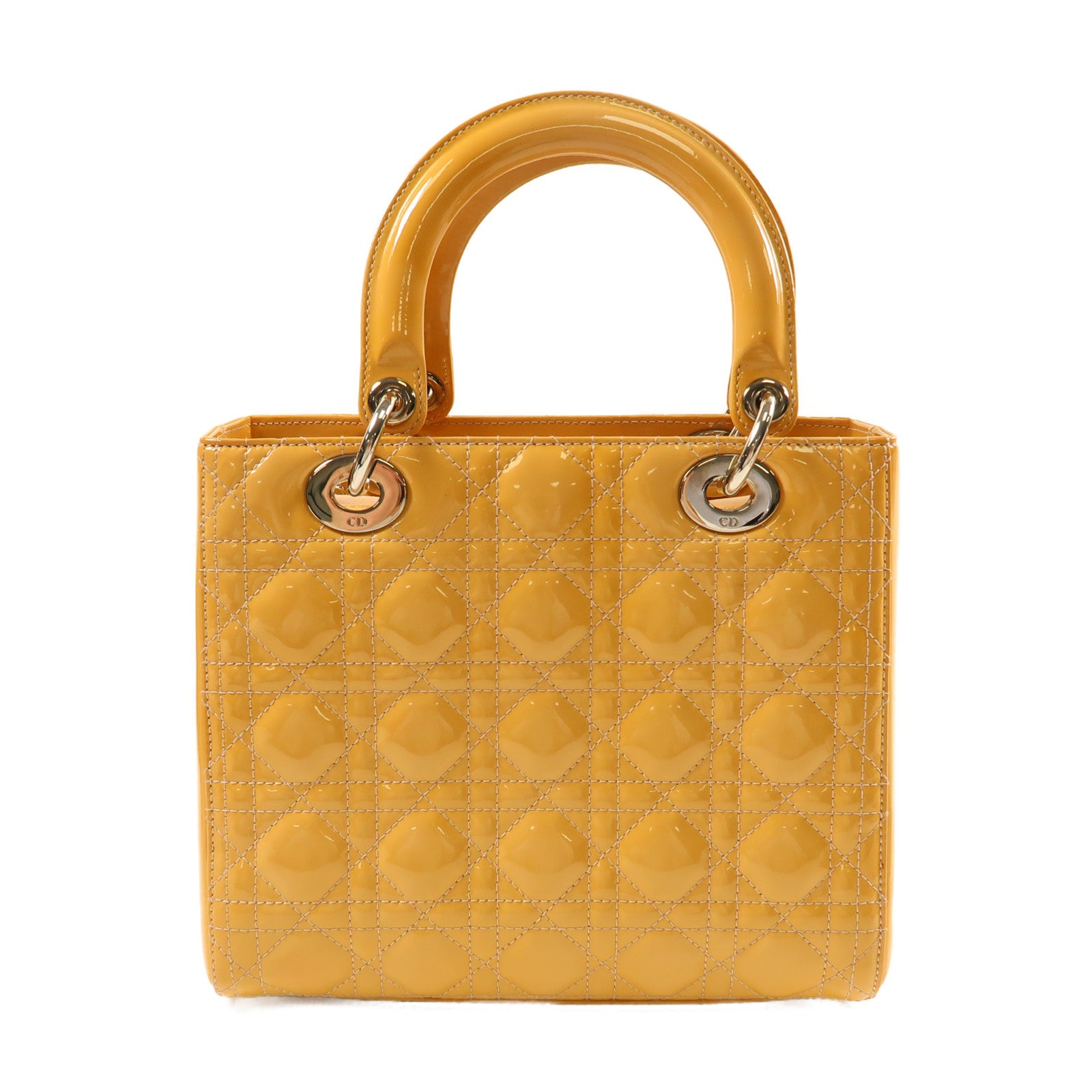 Dior 漆皮皮革Lady Dior Hand Bag銀扣手挽肩背兩用袋黃色