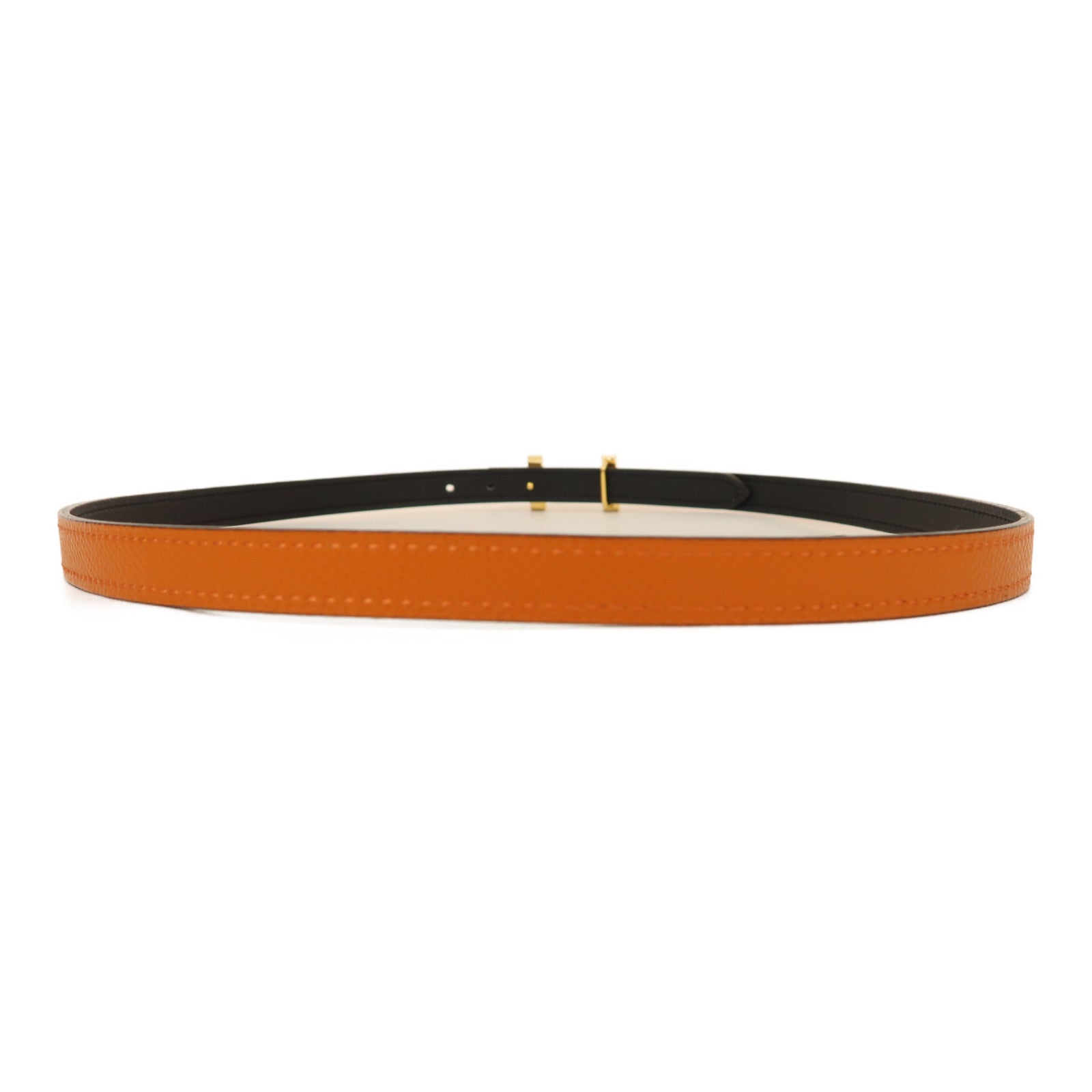 HERMES Epsom皮革/Swift皮革Mini Constance Belt金扣皮帶黑色/橙色