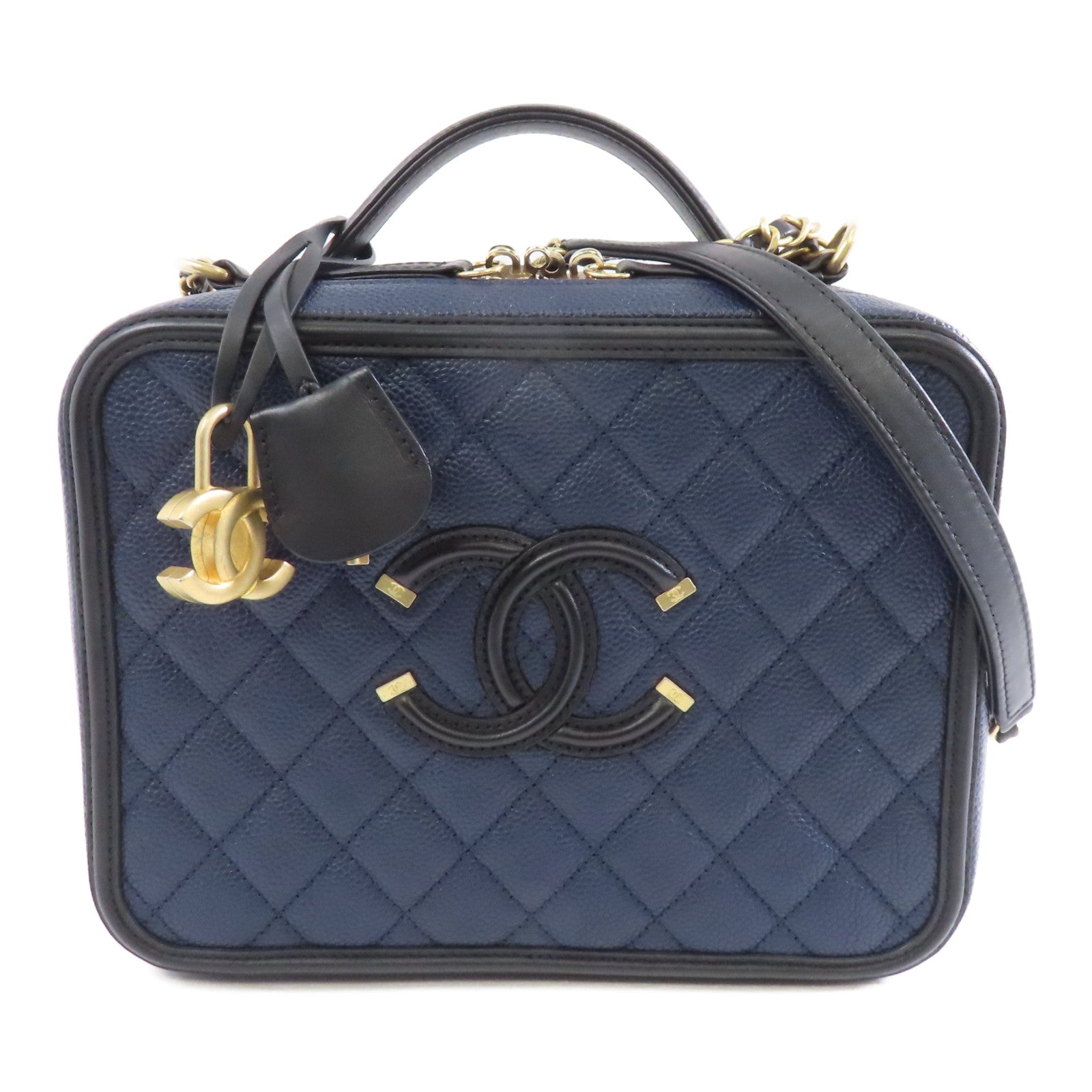 CHANEL 菱格牛皮皮革Vanity Case金扣手挽肩背兩用袋深藍色/黑色