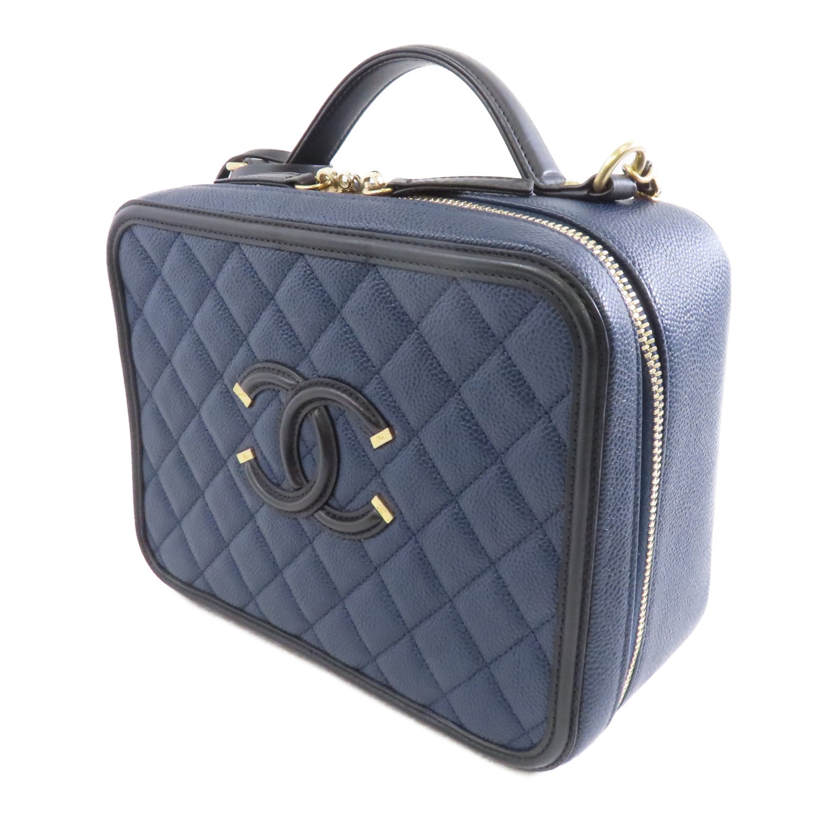CHANEL 菱格牛皮皮革Vanity Case金扣手挽肩背兩用袋深藍色/黑色