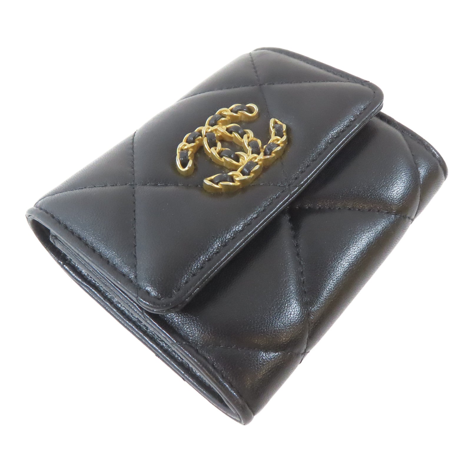 CHANEL 菱格羊皮皮革19 Card Case金扣卡片套黑色