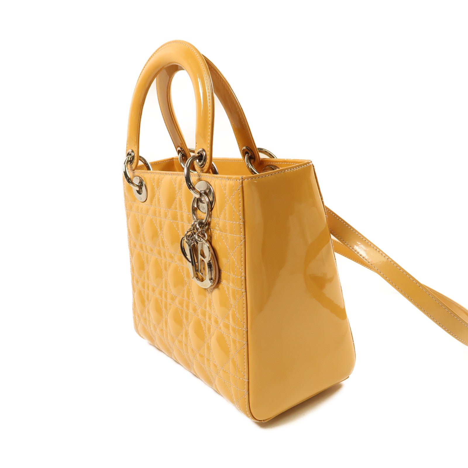 Dior 漆皮皮革Lady Dior Hand Bag銀扣手挽肩背兩用袋黃色