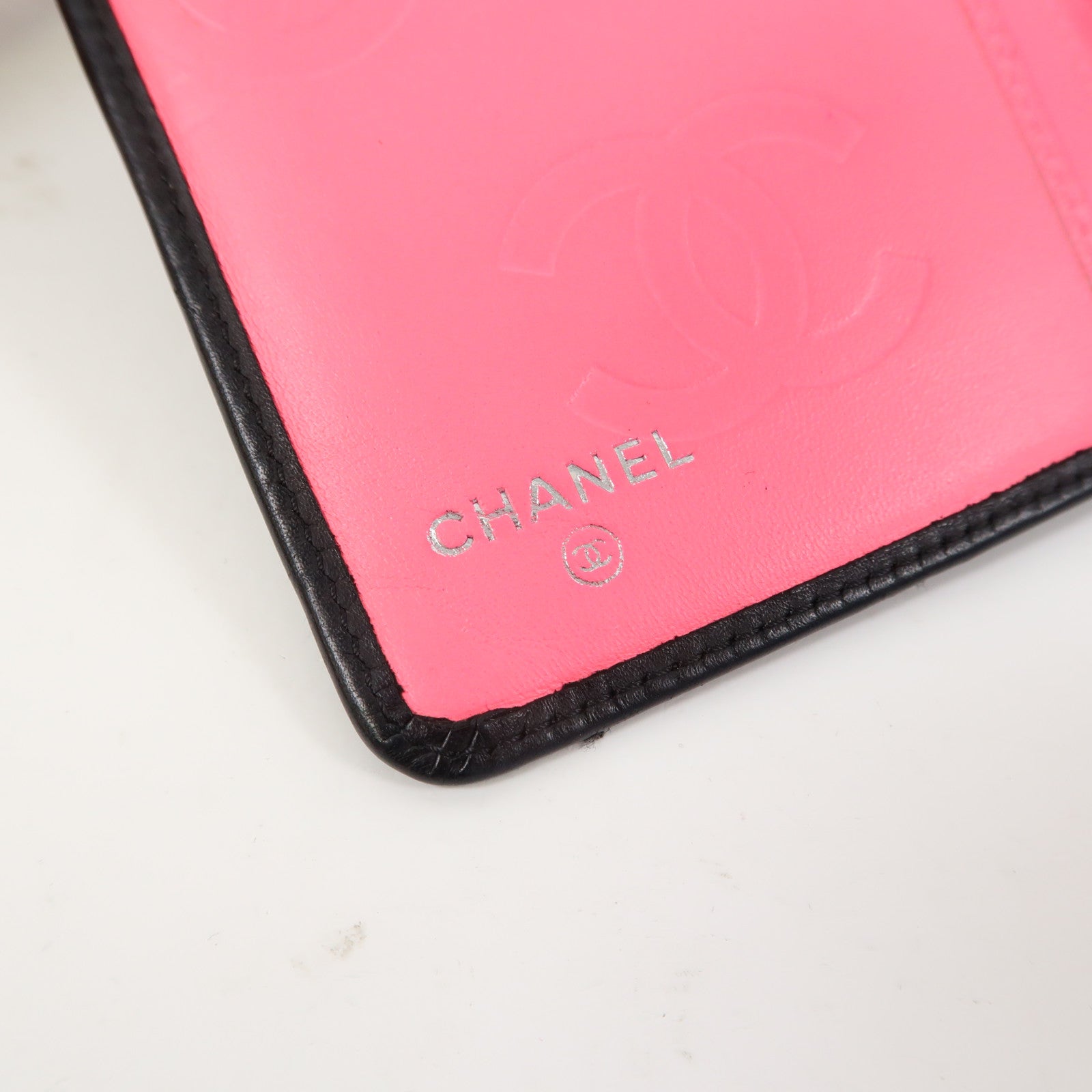 CHANEL 菱格牛皮皮革Cambon Long Wallet銀扣钱包黑色/粉紅色