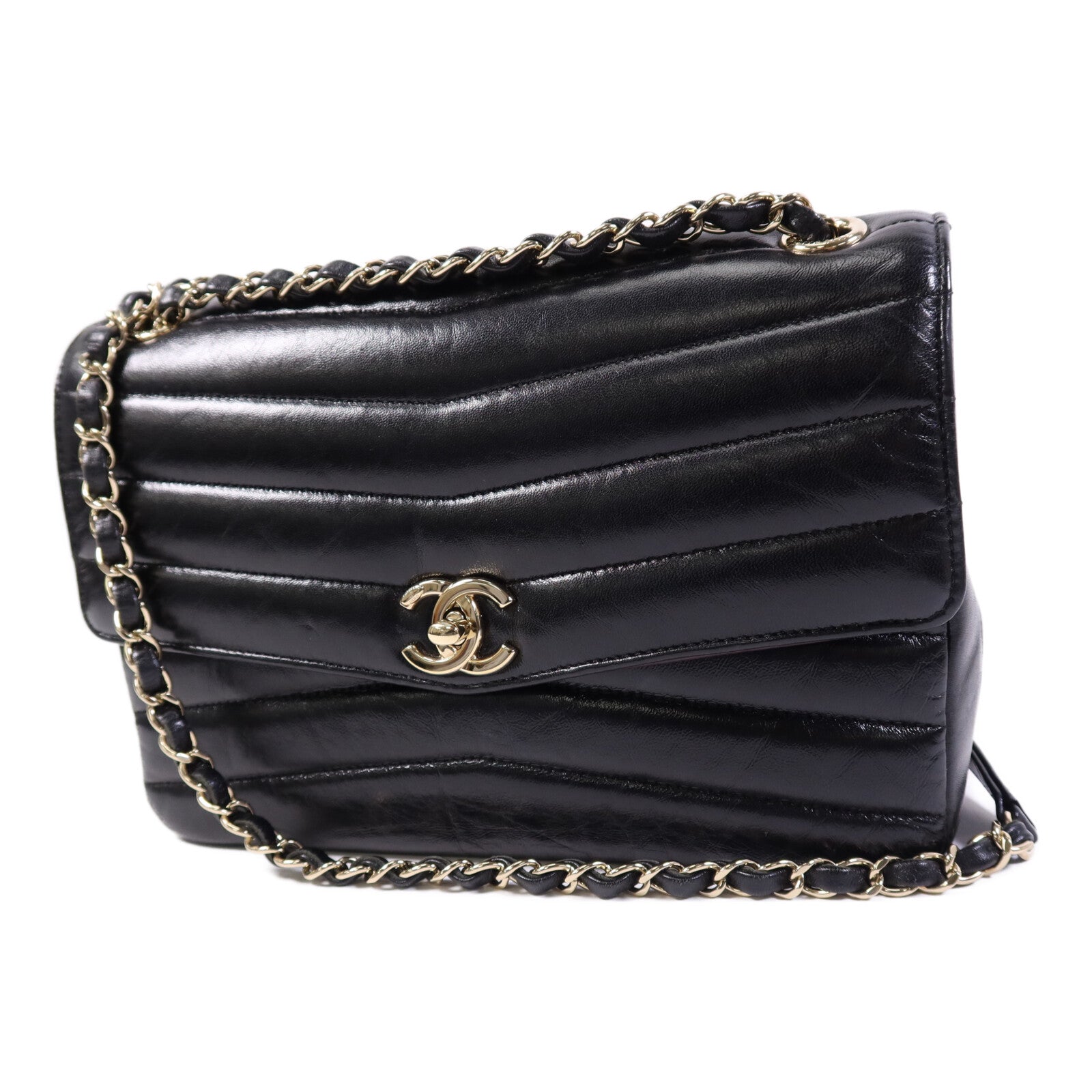 CHANEL 羊皮皮革Seasonal Chevron Flap金扣鏈帶肩背袋