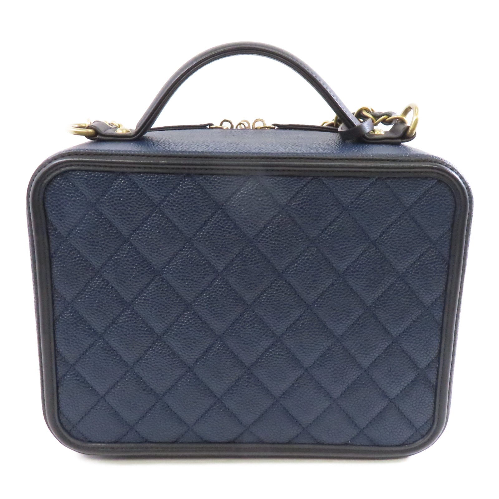 CHANEL 菱格牛皮皮革Vanity Case金扣手挽肩背兩用袋深藍色/黑色