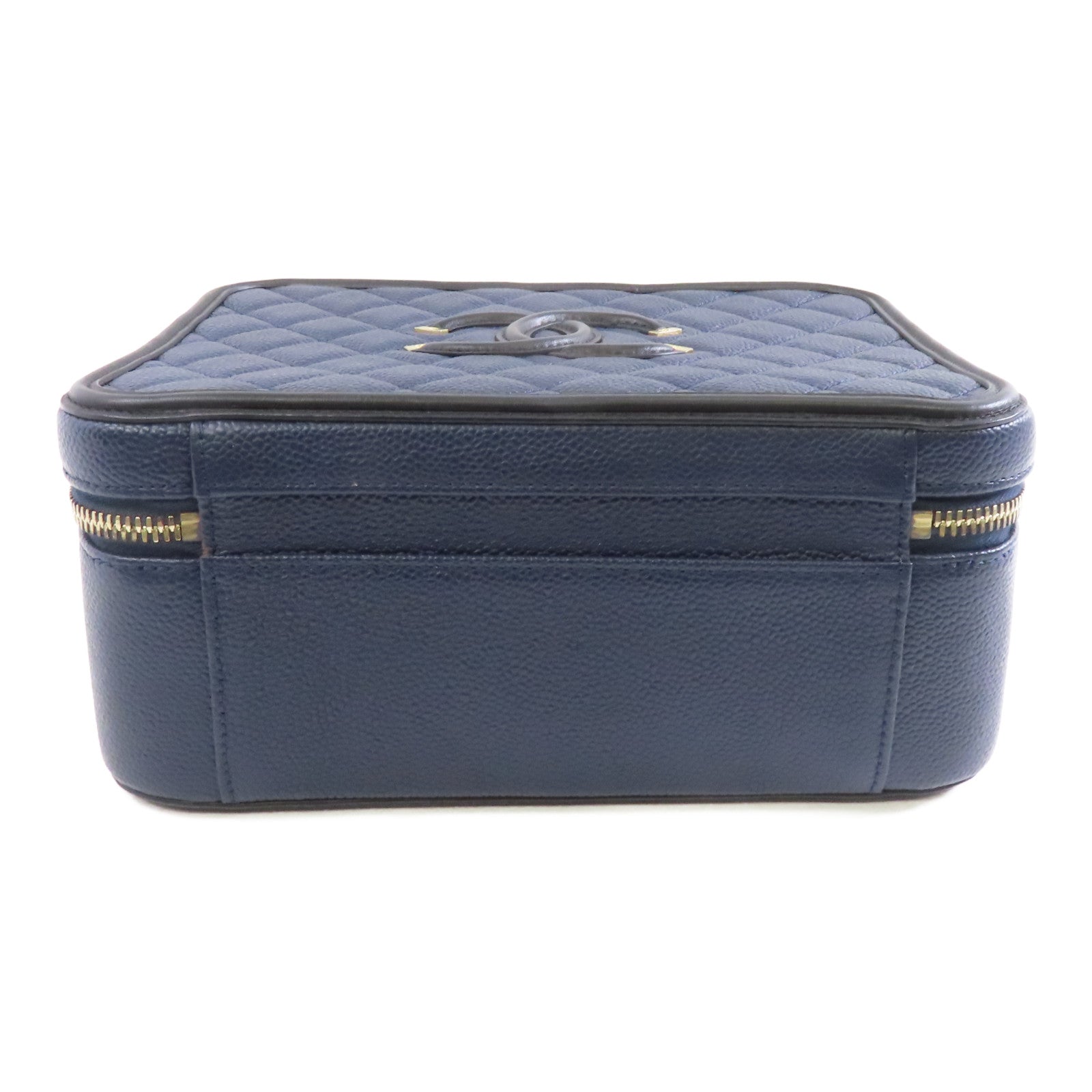 CHANEL 菱格牛皮皮革Vanity Case金扣手挽肩背兩用袋深藍色/黑色