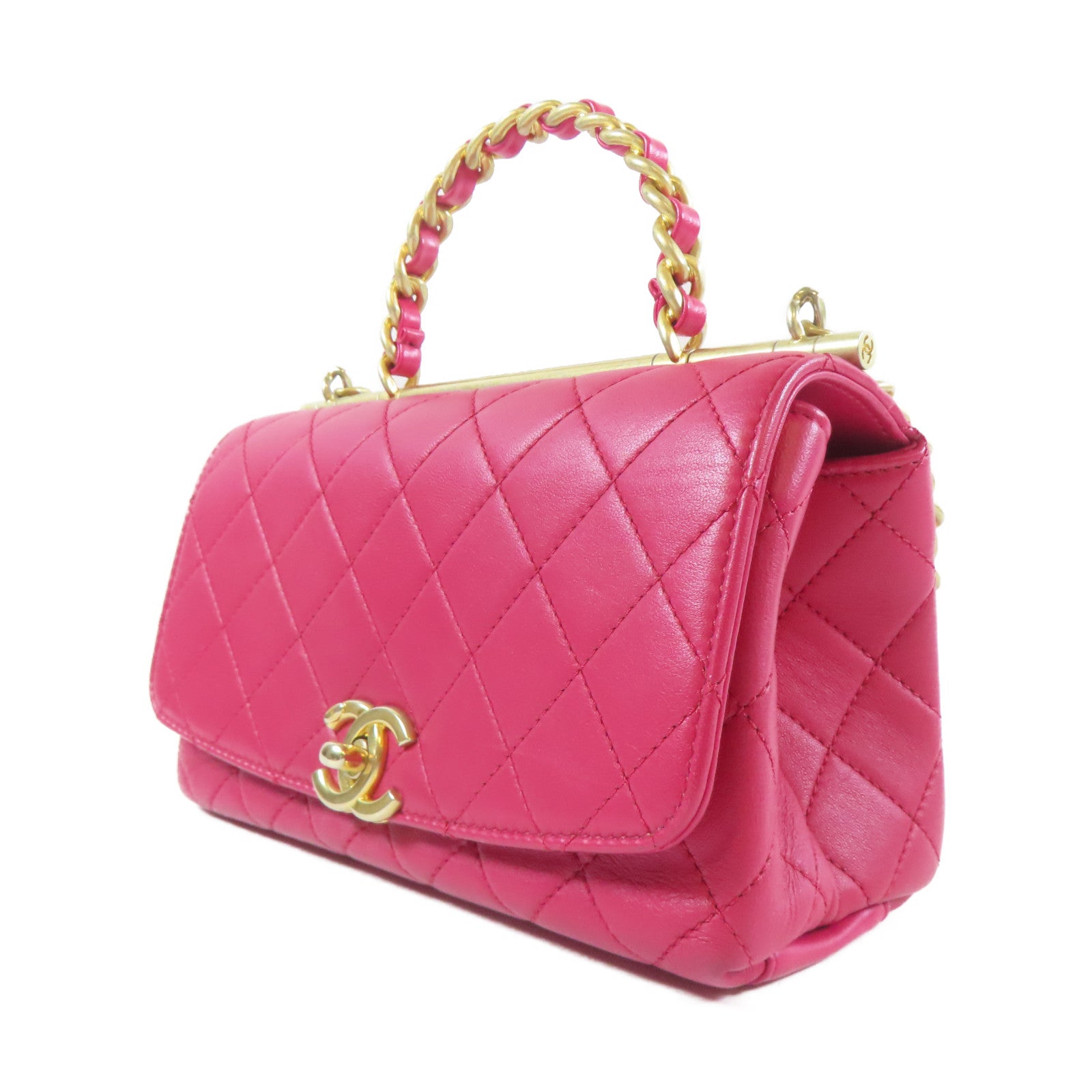 CHANEL 【激減優惠】菱格羊皮皮革Chain Shoulder金扣手挽肩背兩用袋紅色