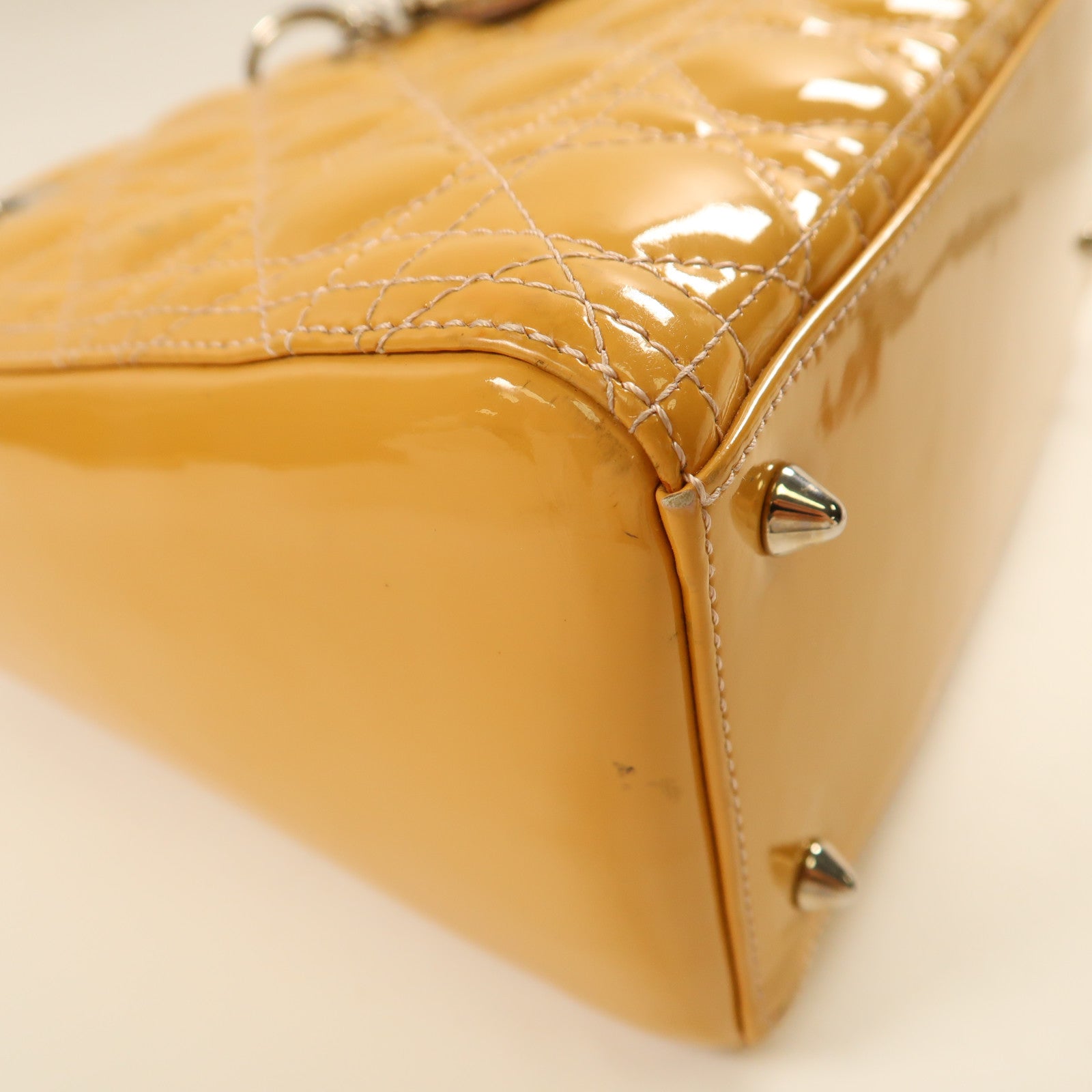 Dior 漆皮皮革Lady Dior Hand Bag銀扣手挽肩背兩用袋黃色