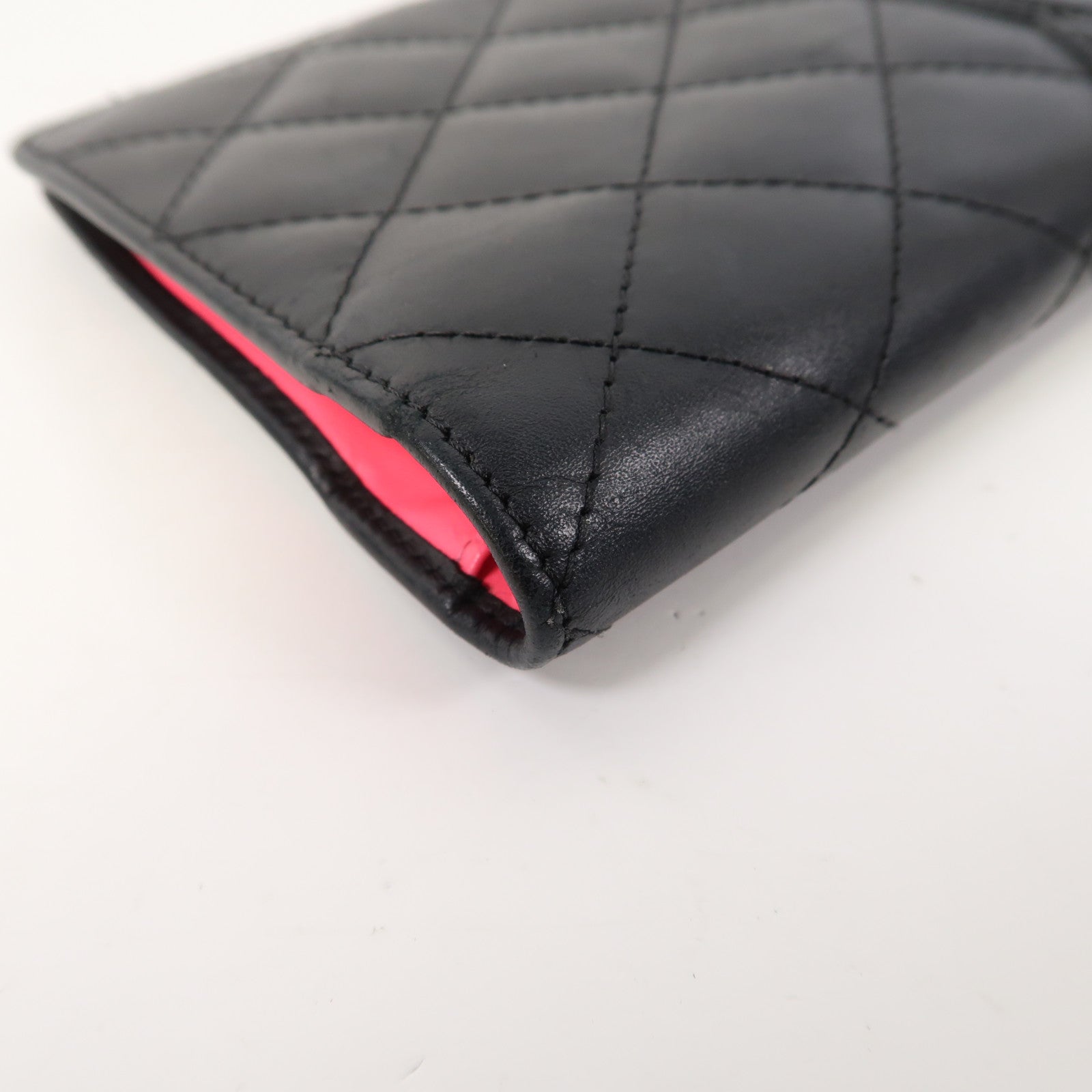 CHANEL 菱格牛皮皮革Cambon Long Wallet銀扣钱包黑色/粉紅色