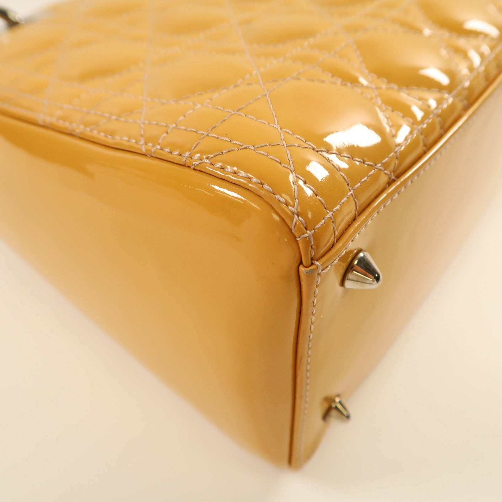 Dior 漆皮皮革Lady Dior Hand Bag銀扣手挽肩背兩用袋黃色