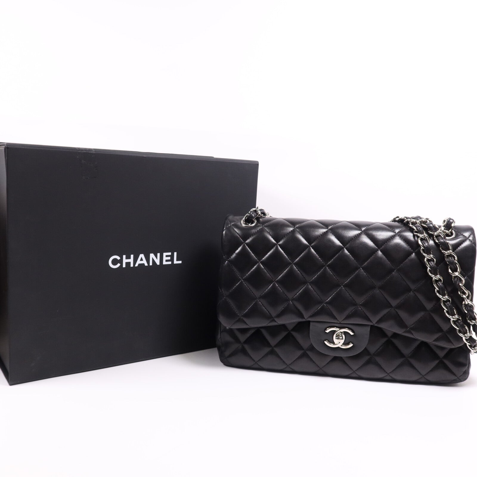 CHANEL 羊皮皮革Large Classic銀扣鏈帶肩背袋