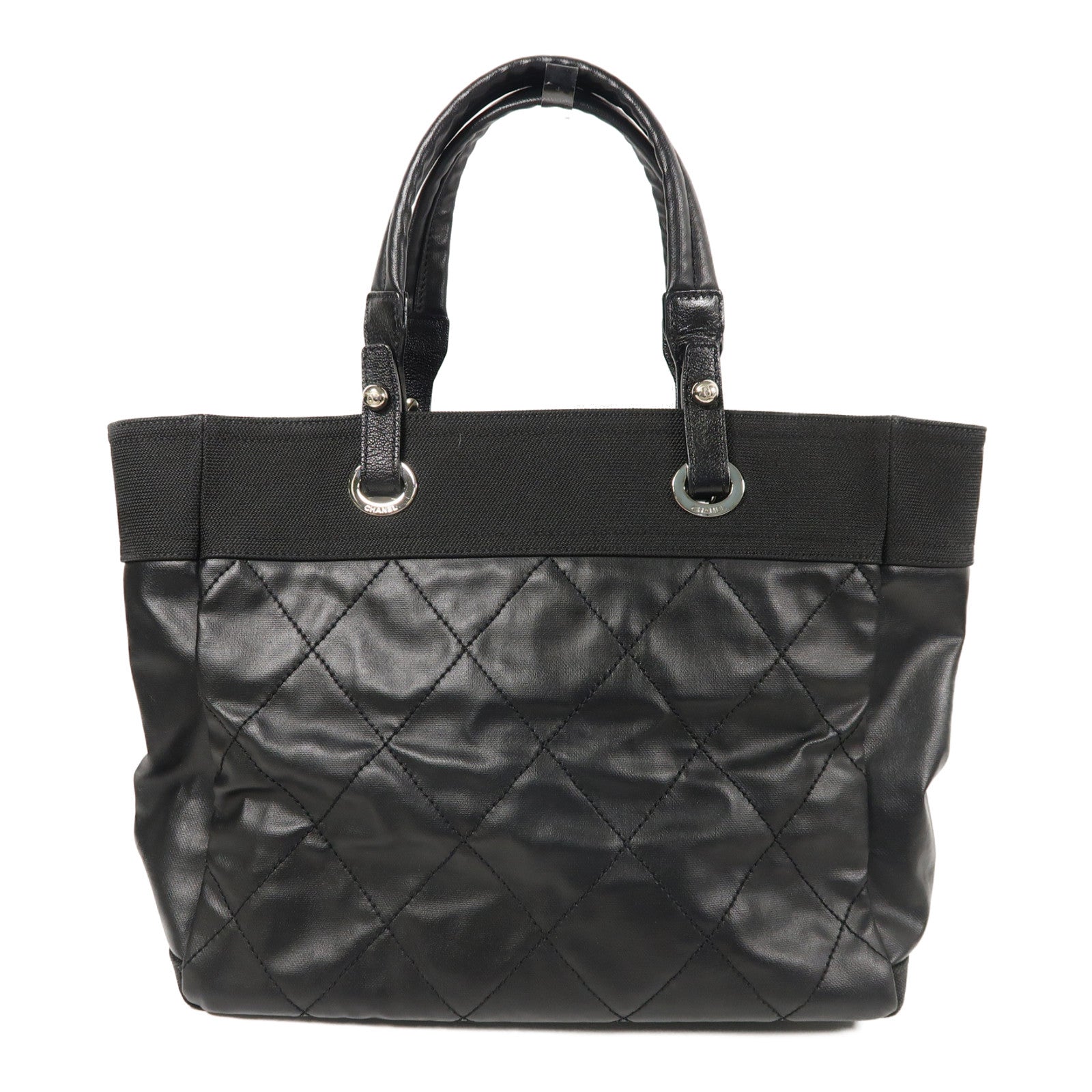 CHANEL 菱格塗層帆布Biarritz Tote MM銀扣手挽袋黑色