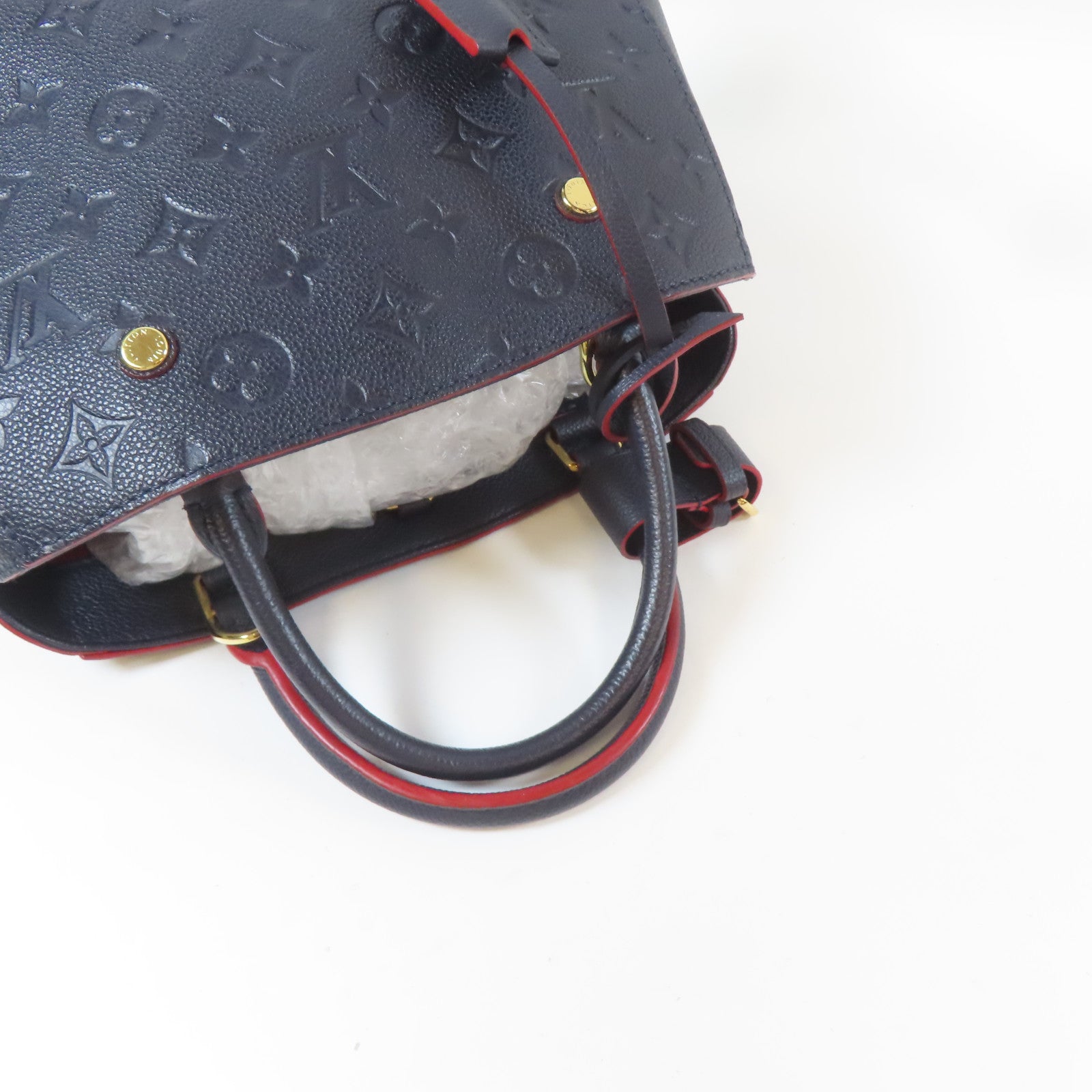 LOUIS VUITTON Monogram Empreinte Montaigne BB金扣手挽肩背兩用袋深藍色/紅色