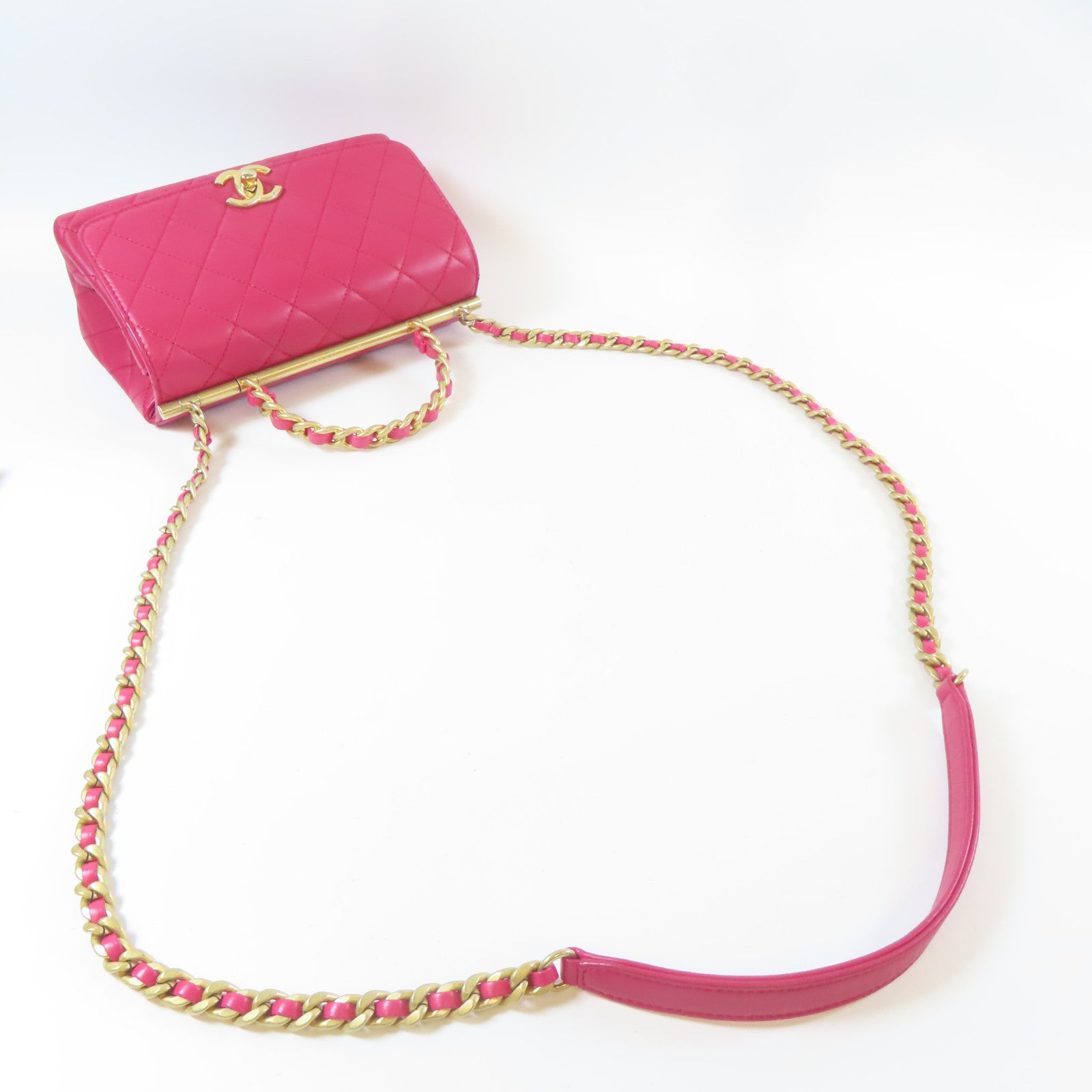 CHANEL 【激減優惠】菱格羊皮皮革Chain Shoulder金扣手挽肩背兩用袋紅色