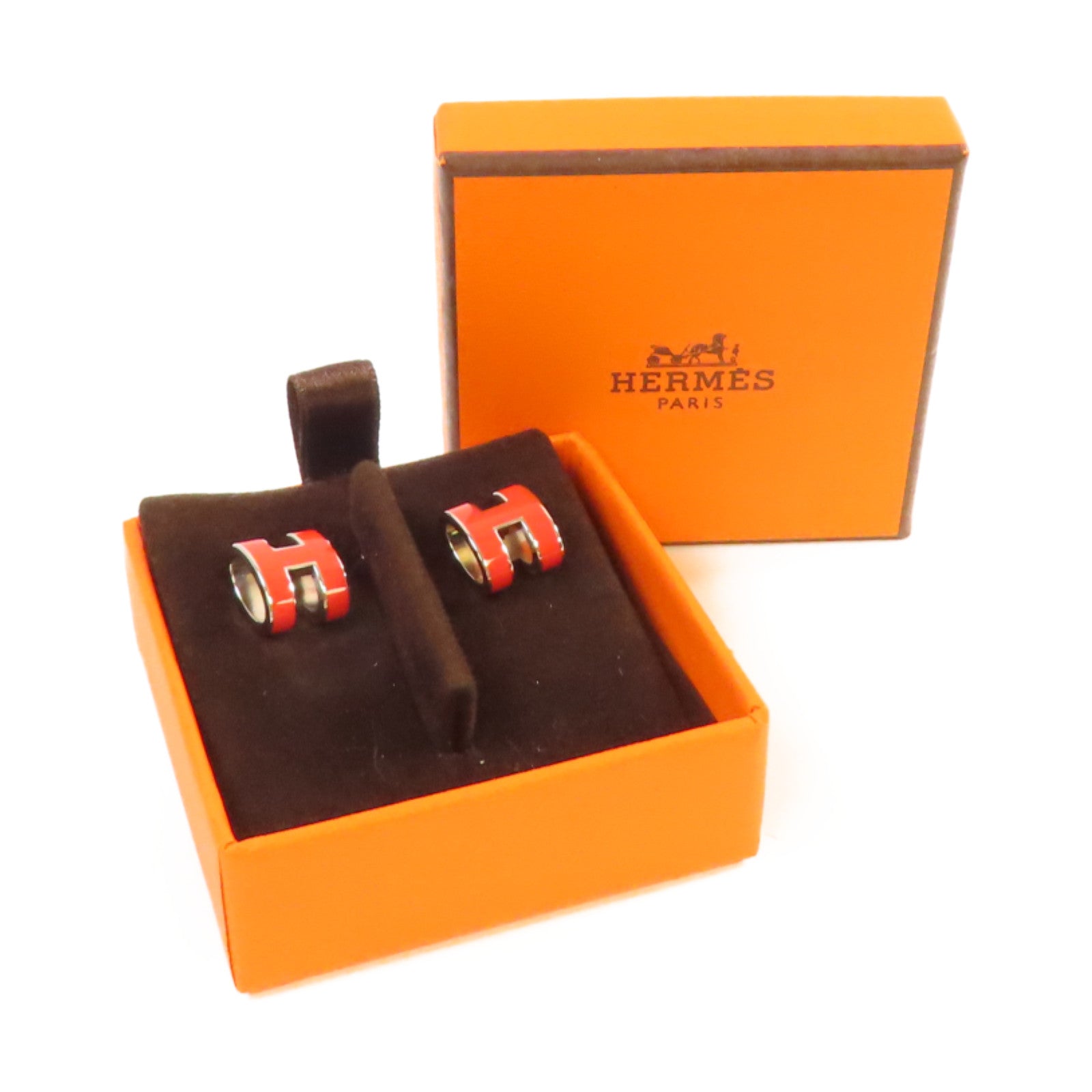 HERMES 金屬/琺瑯Pop H Earrings銀扣耳環橙紅色/銀色