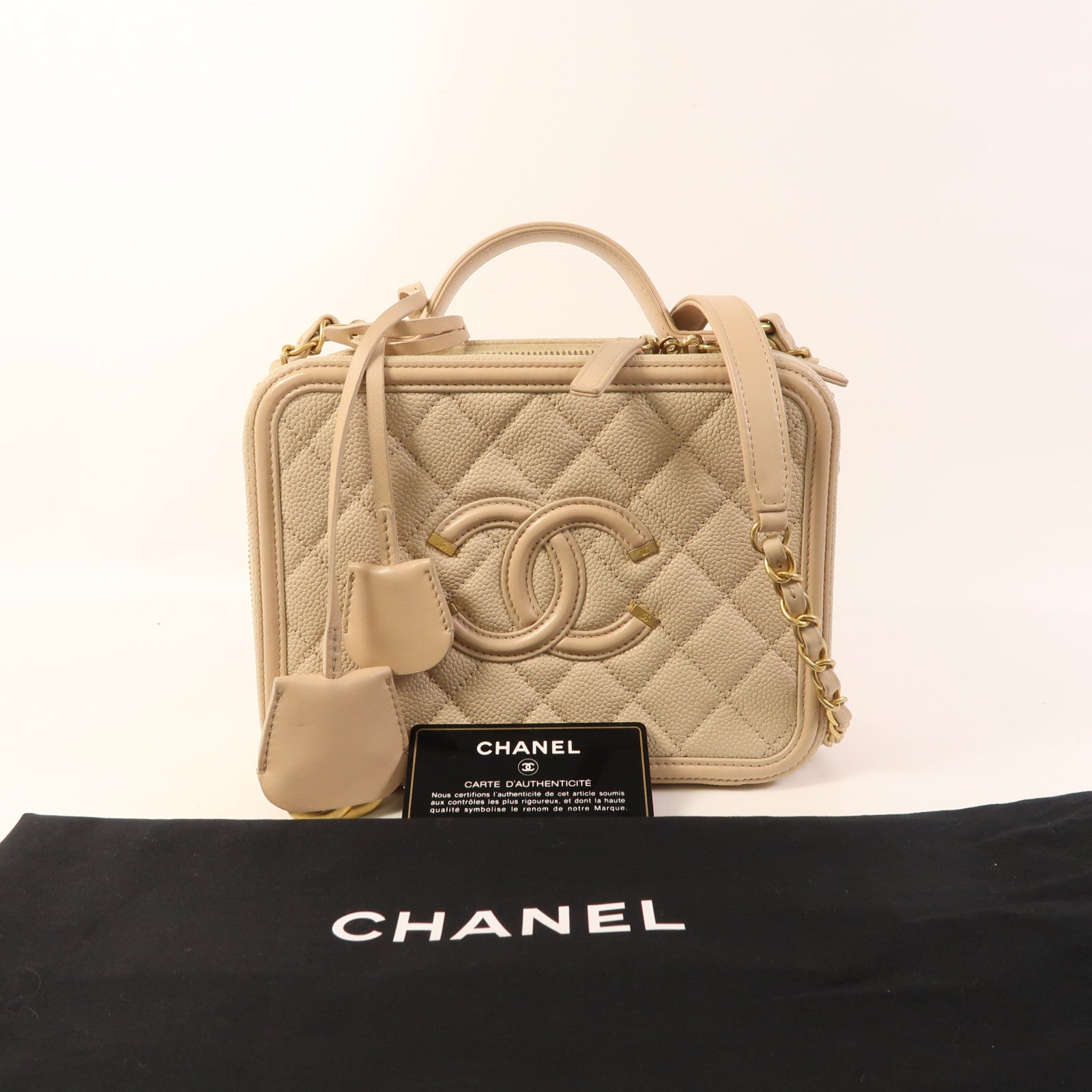 CHANEL CC GHW Vanity Case 2 Way Shoulder Bag A93343 Calfskin Leather Beige