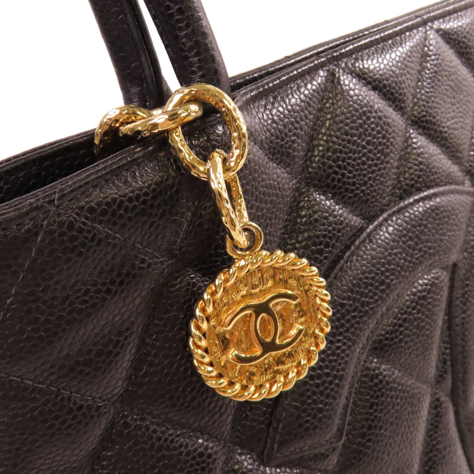 CHANEL 菱格Caviar皮革Tote Bag金扣手挽袋黑色