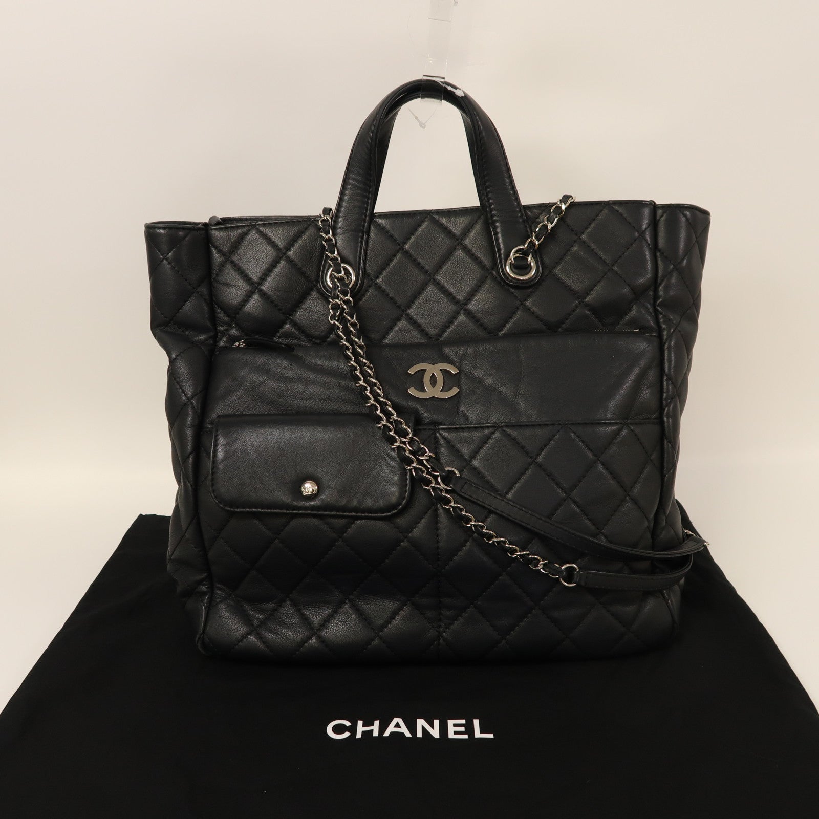 CHANEL 牛皮皮革2 Way Shoulder銀扣手挽肩背兩用袋黑色