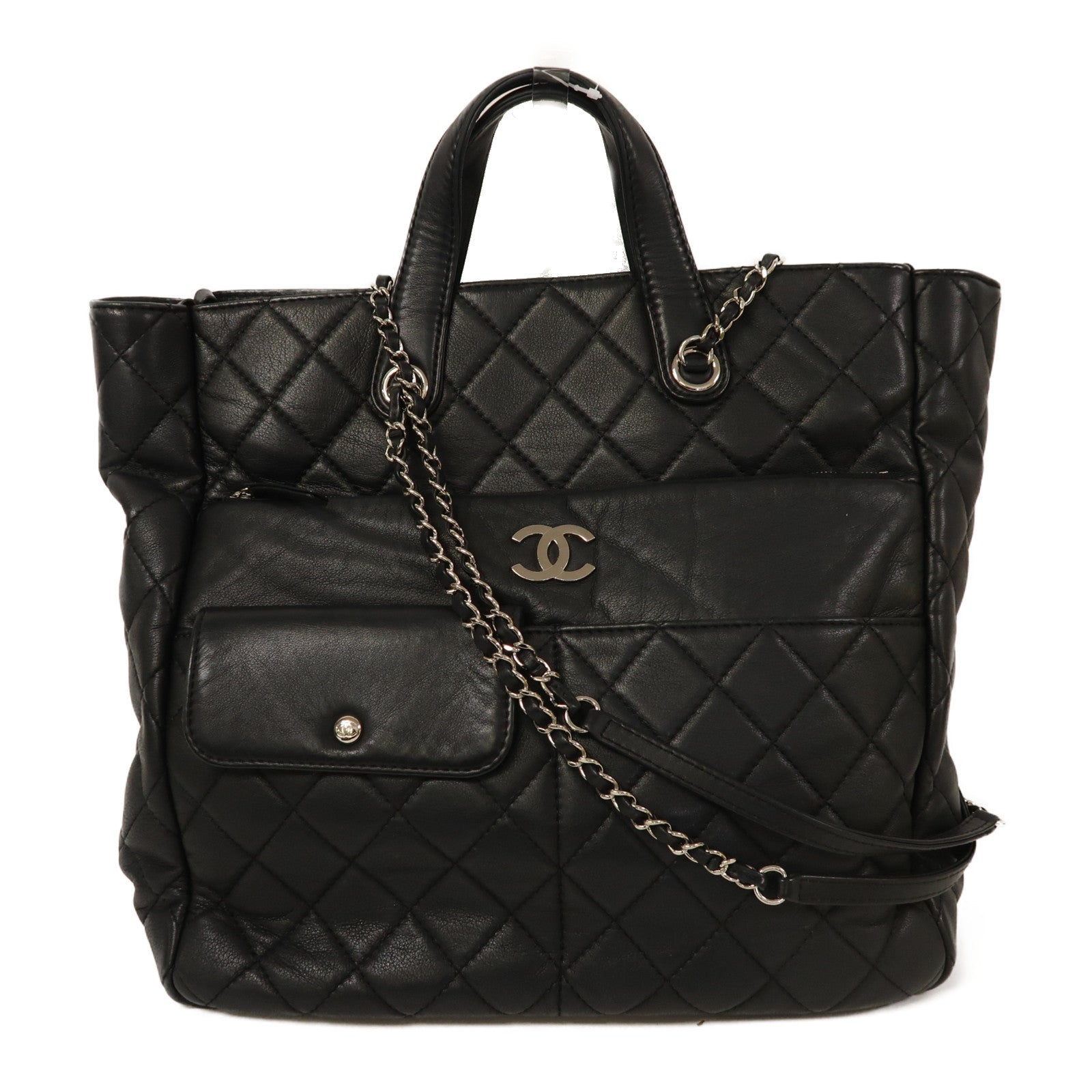 CHANEL 牛皮皮革2 Way Shoulder銀扣手挽肩背兩用袋黑色