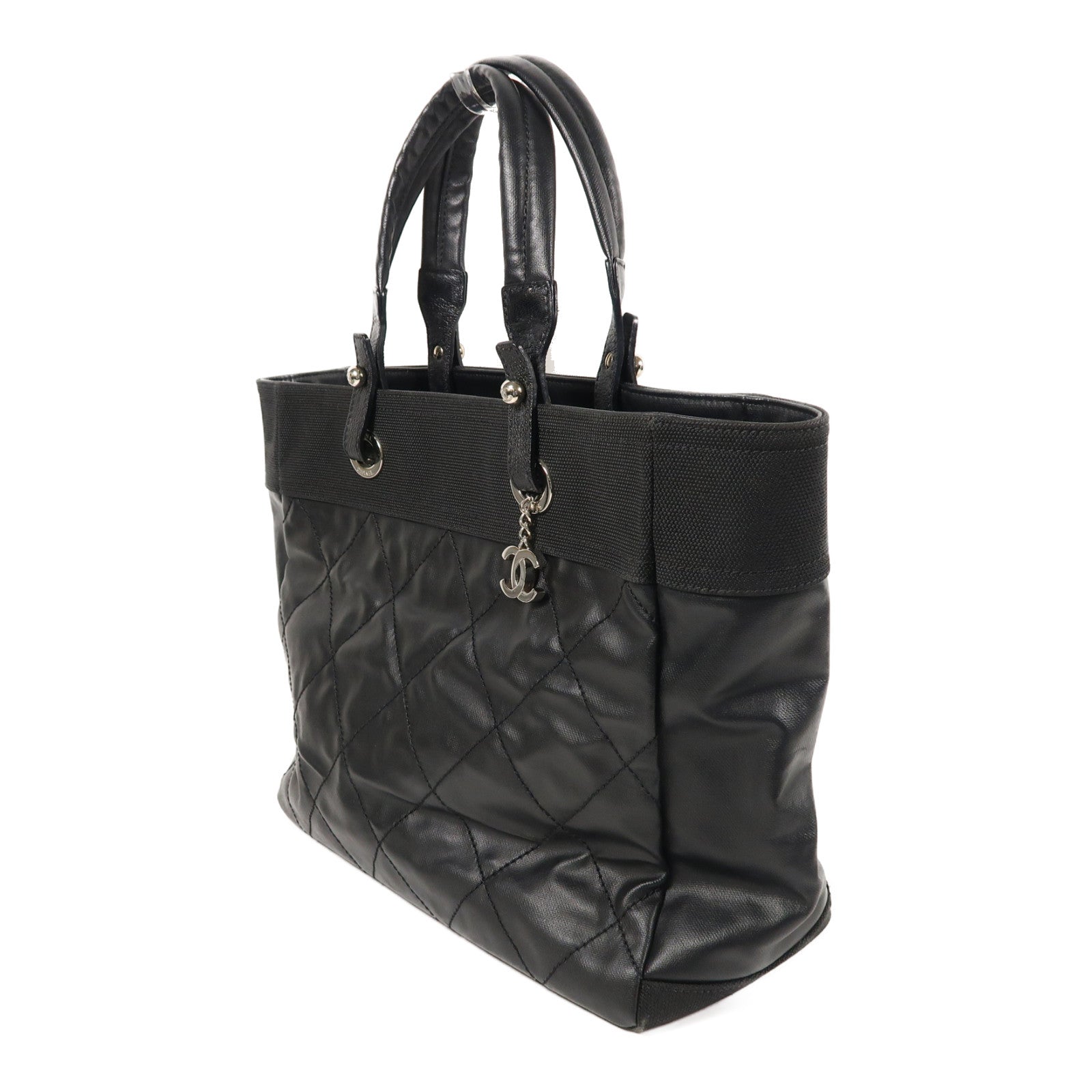 CHANEL 菱格塗層帆布Biarritz Tote MM銀扣手挽袋黑色