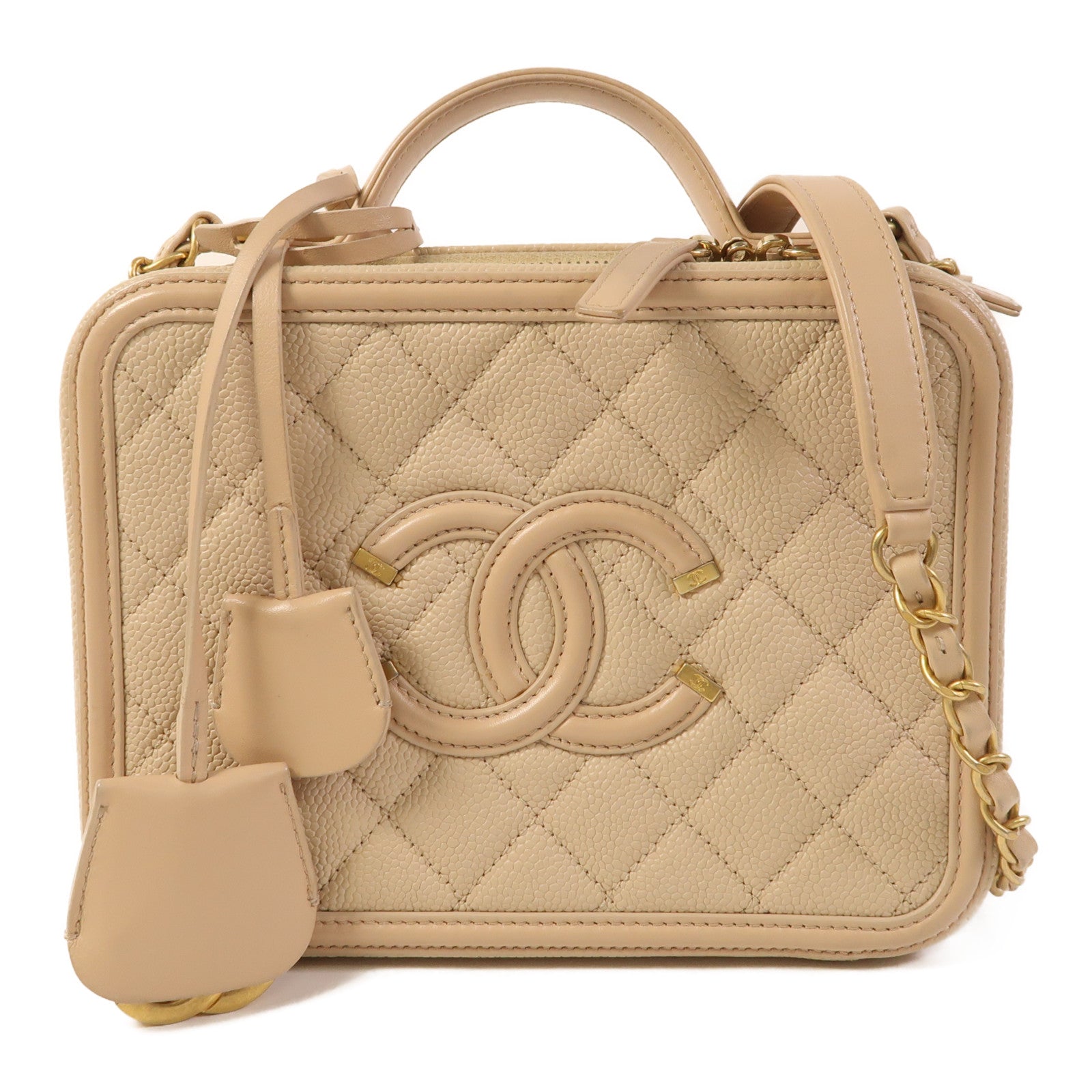CHANEL CC GHW Vanity Case 2 Way Shoulder Bag A93343 Calfskin Leather Beige