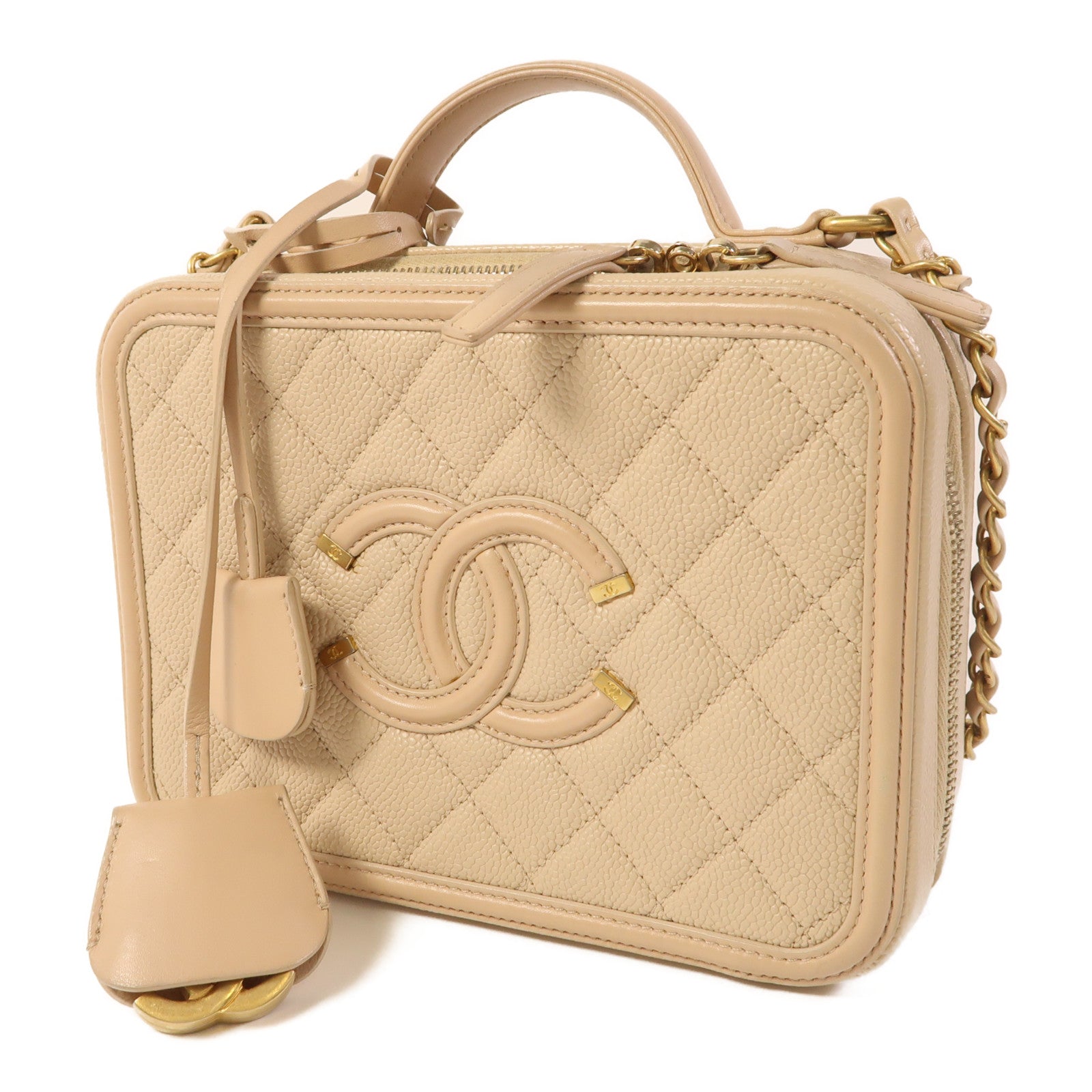 CHANEL CC GHW Vanity Case 2 Way Shoulder Bag A93343 Calfskin Leather Beige