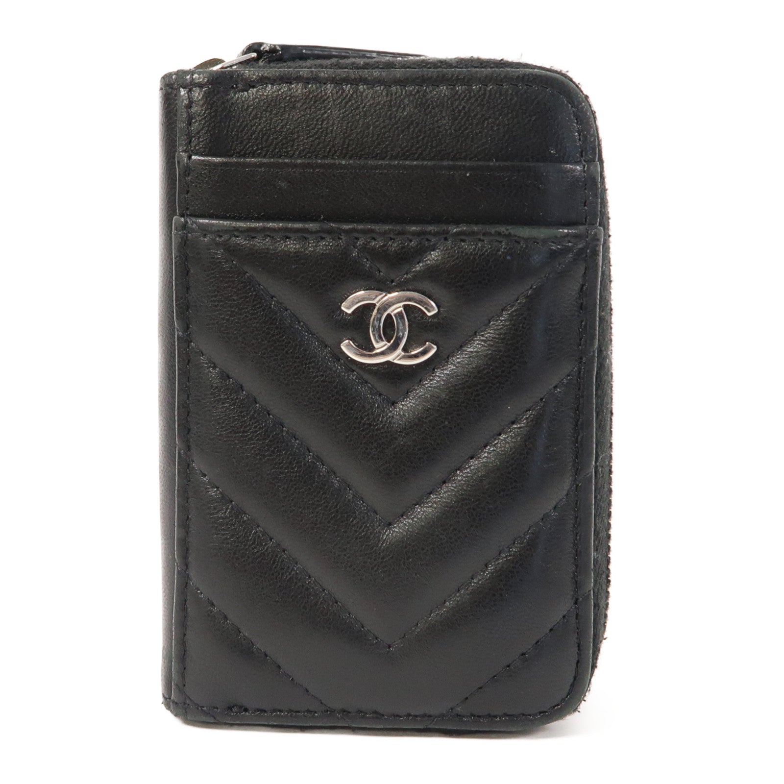 CHANEL 【激減優惠】斜紋羊皮皮革Card Case卡銀扣片套黑色