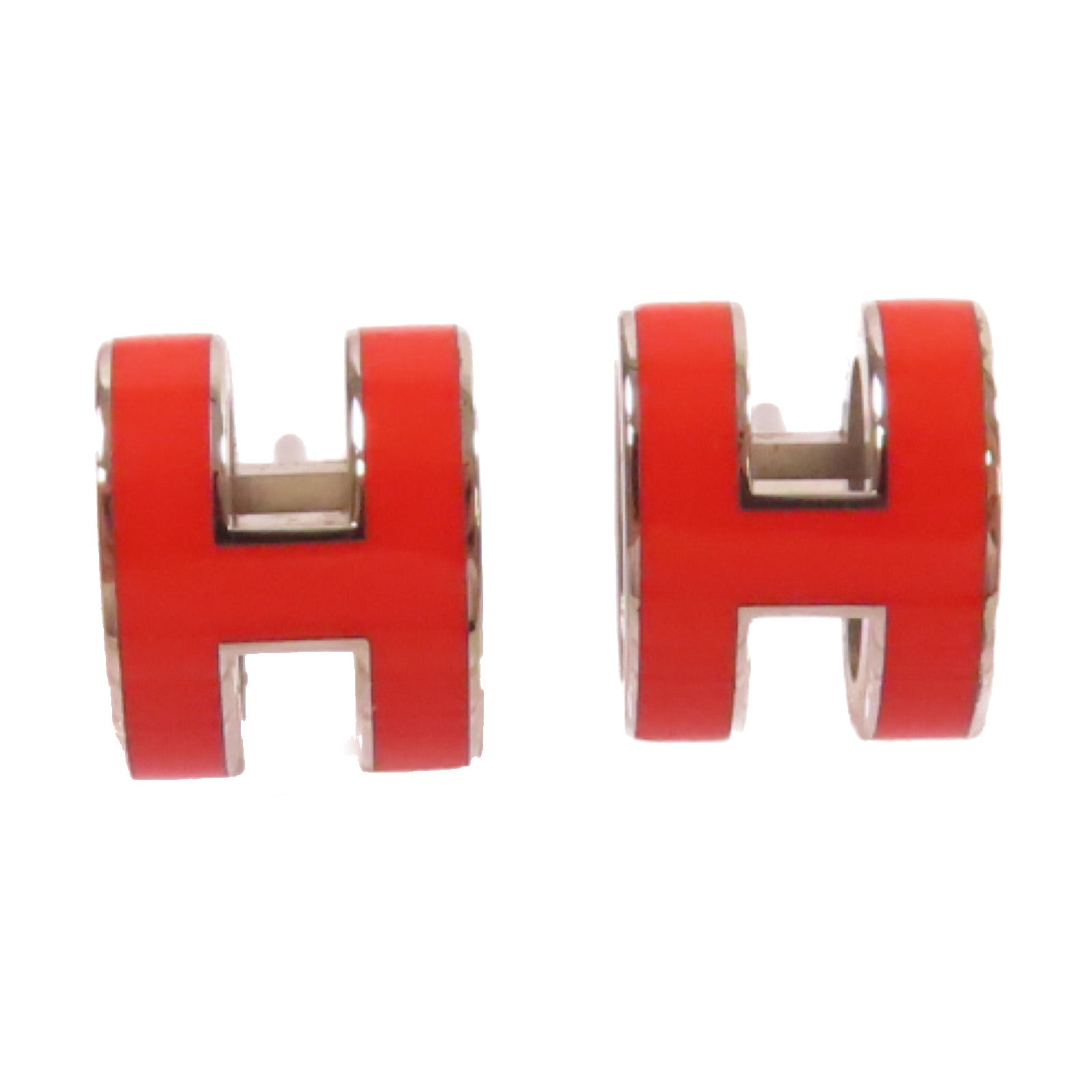HERMES 金屬/琺瑯Pop H Earrings銀扣耳環橙紅色/銀色