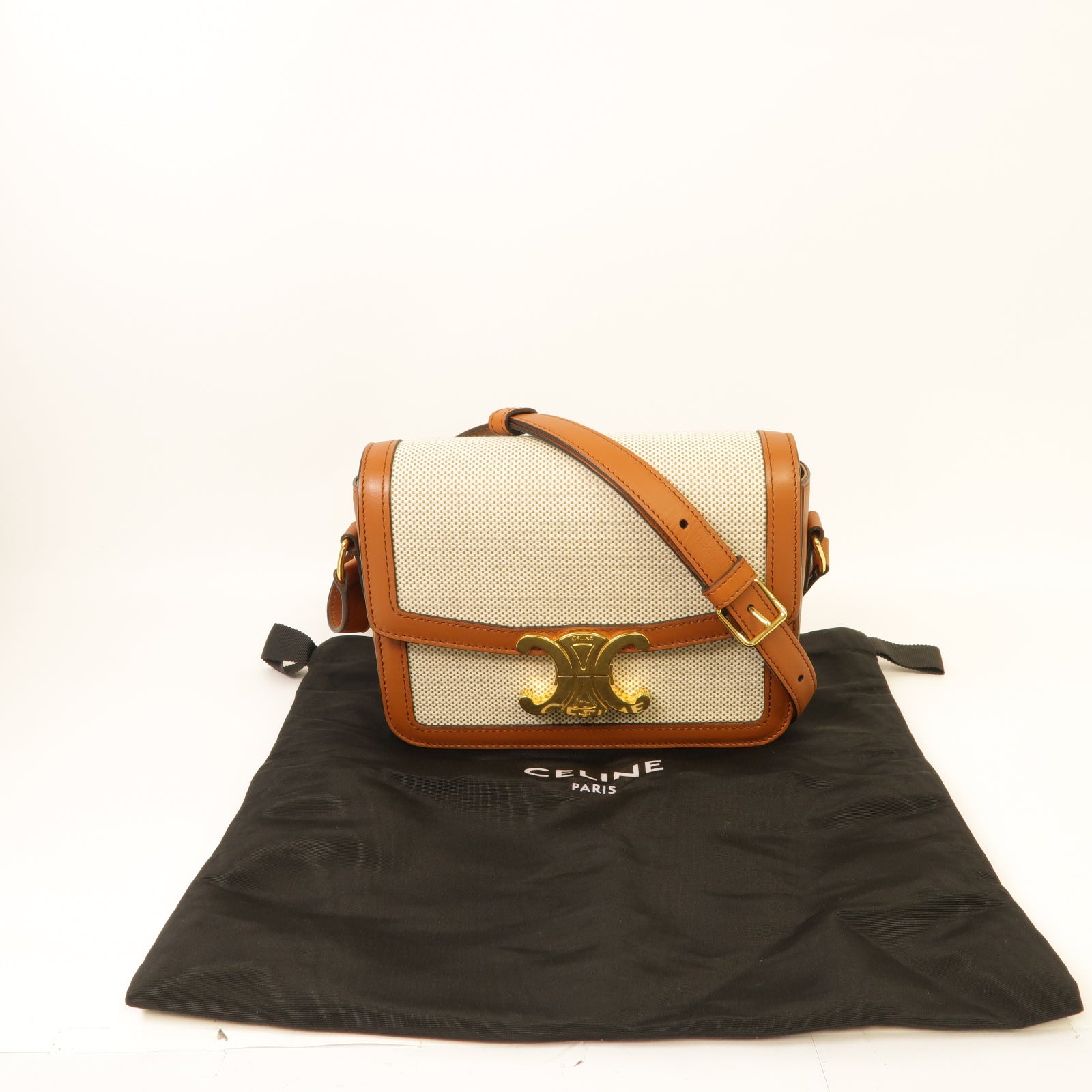 CELINE 帆布Teen Triomphe金扣肩背袋米色/棕色