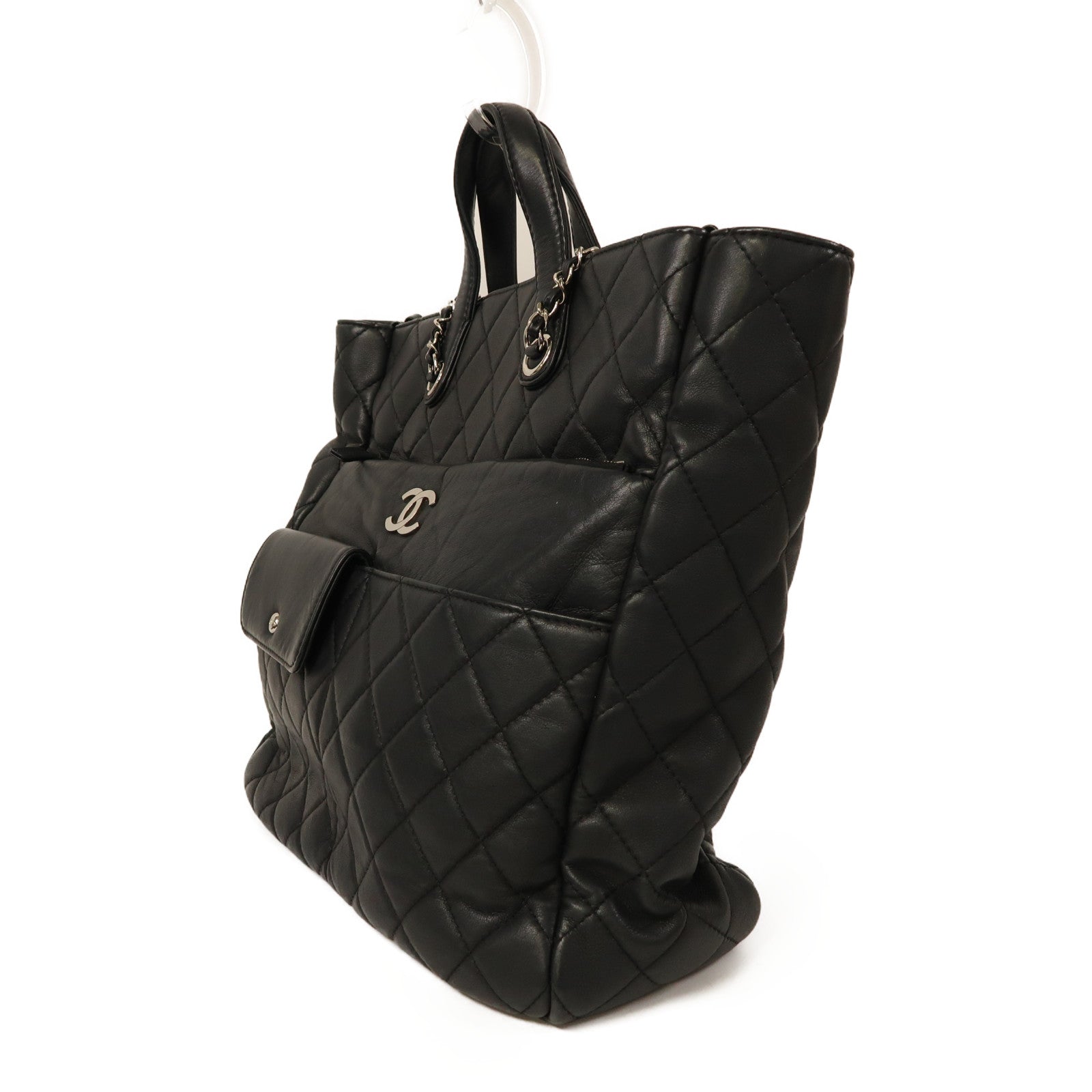 CHANEL 牛皮皮革2 Way Shoulder銀扣手挽肩背兩用袋黑色