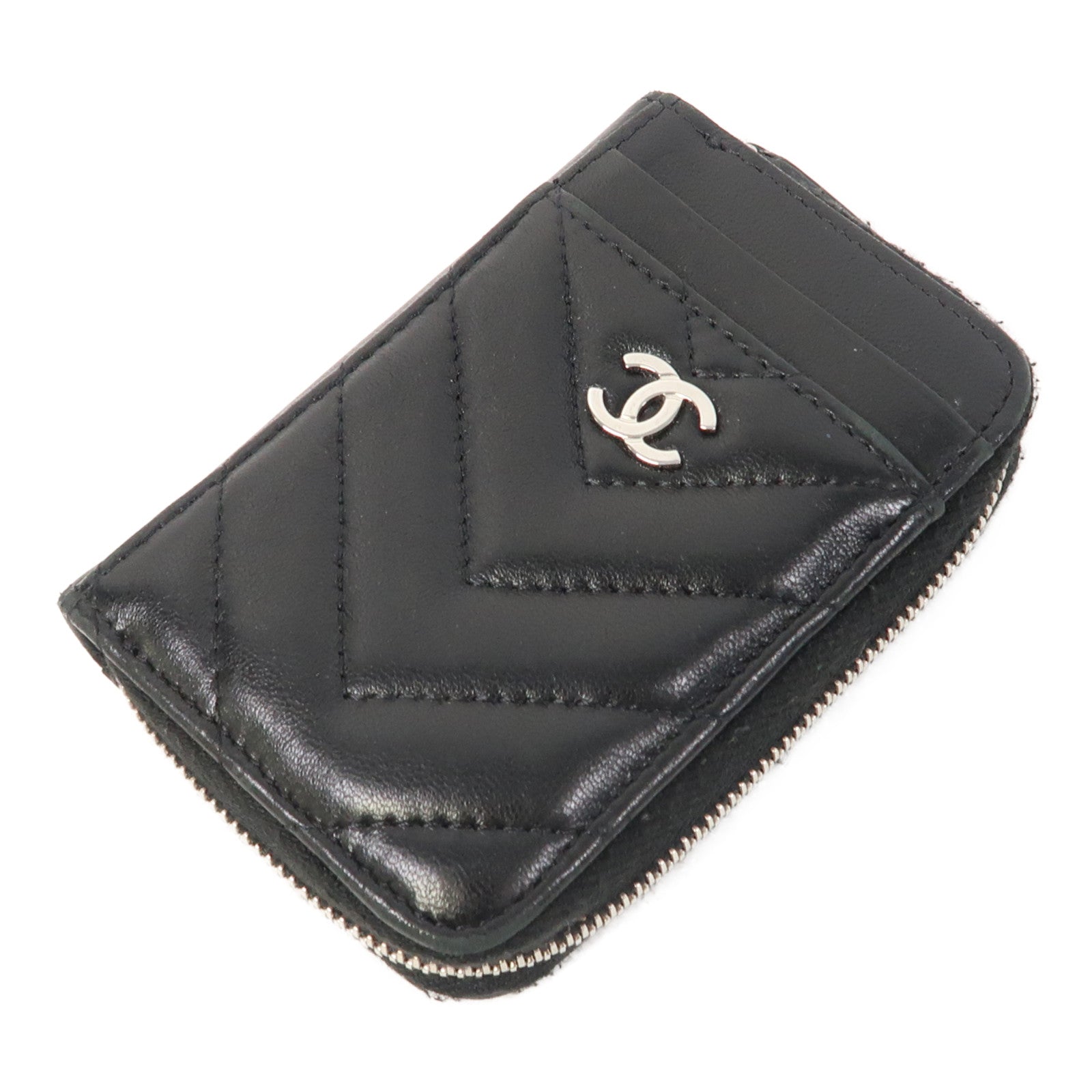 CHANEL 【激減優惠】斜紋羊皮皮革Card Case卡銀扣片套黑色