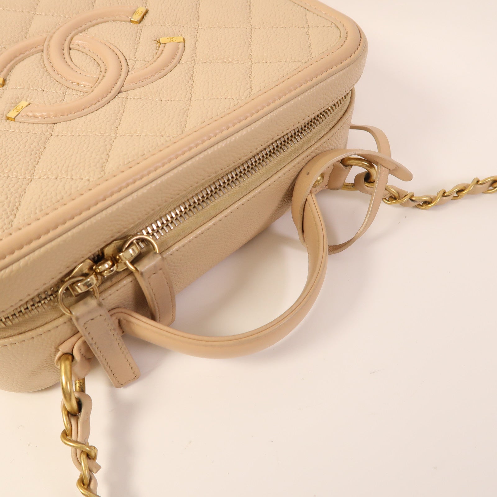 CHANEL CC GHW Vanity Case 2 Way Shoulder Bag A93343 Calfskin Leather Beige