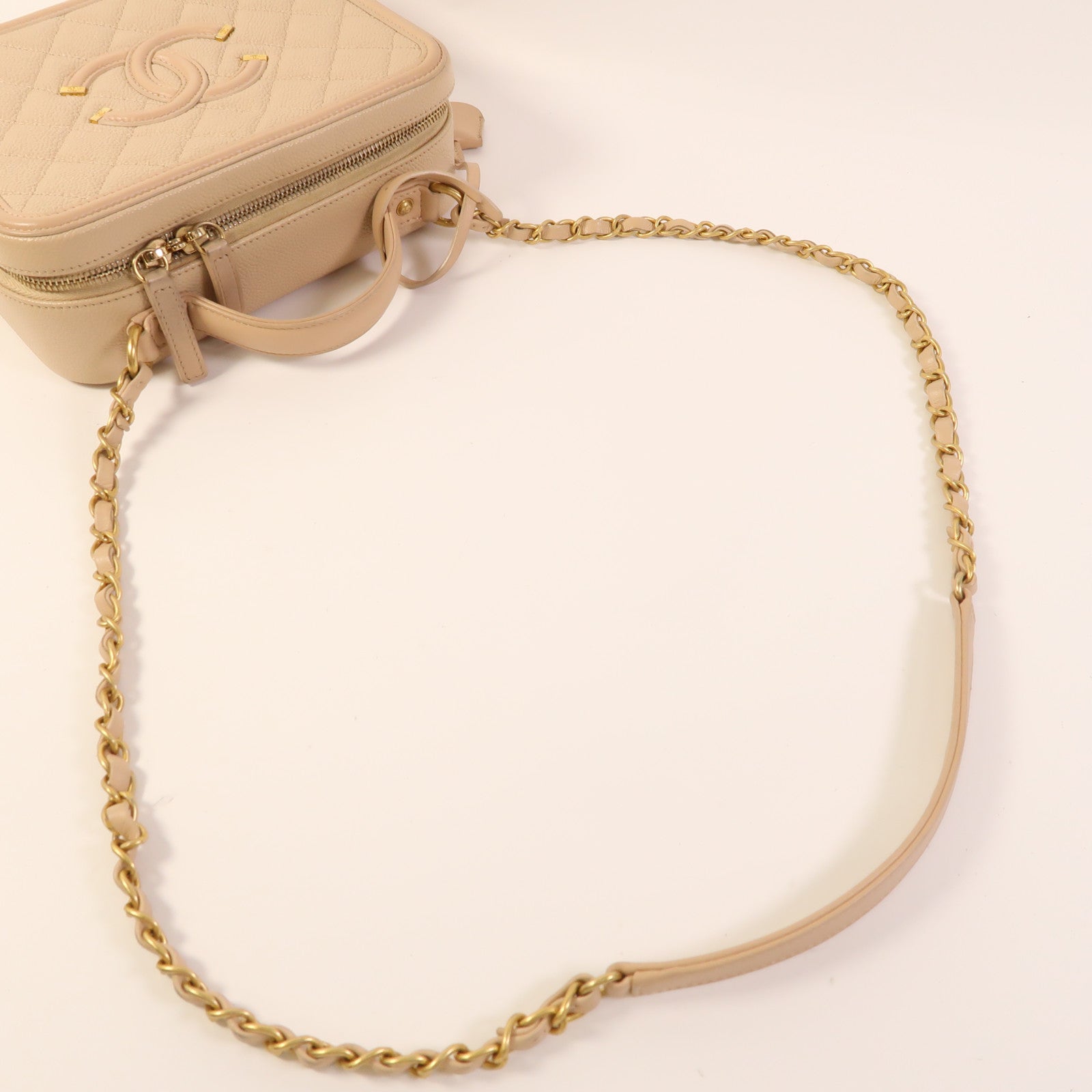 CHANEL CC GHW Vanity Case 2 Way Shoulder Bag A93343 Calfskin Leather Beige