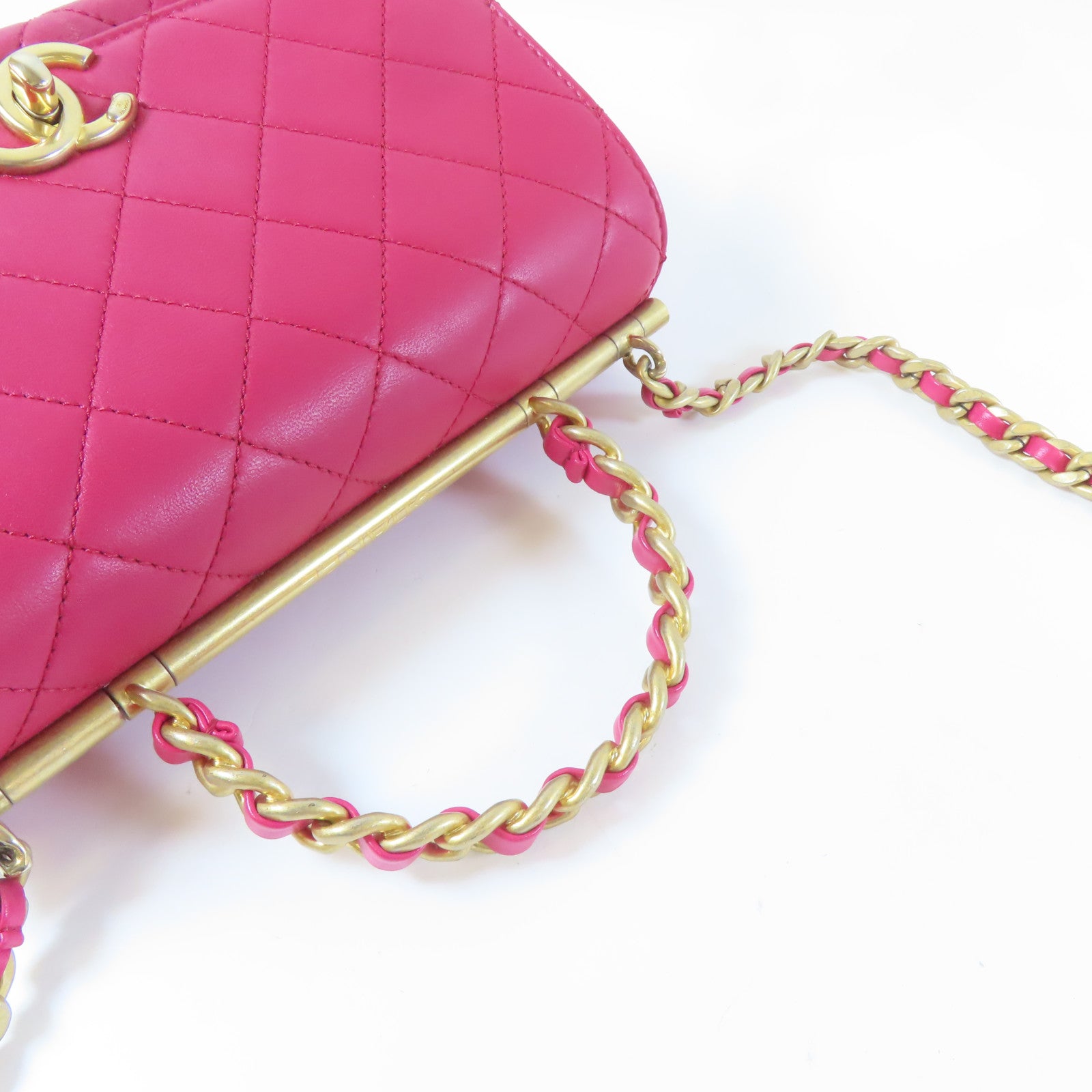 CHANEL 【激減優惠】菱格羊皮皮革Chain Shoulder金扣手挽肩背兩用袋紅色