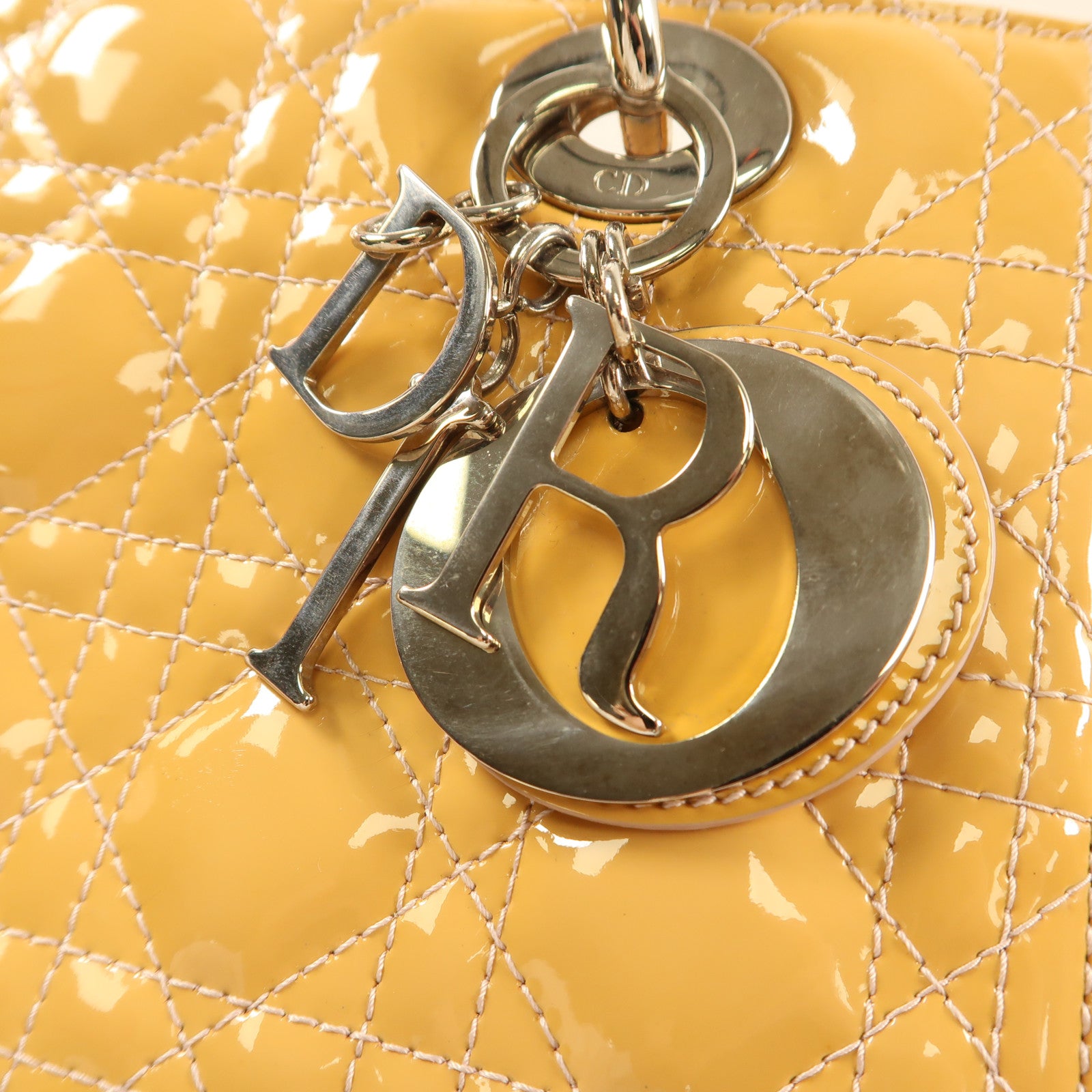 Dior 漆皮皮革Lady Dior Hand Bag銀扣手挽肩背兩用袋黃色