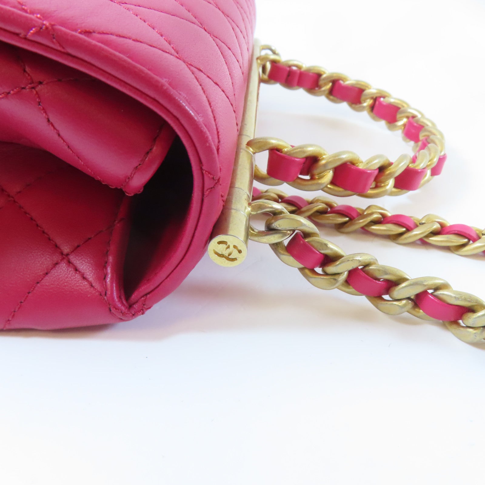 CHANEL 【激減優惠】菱格羊皮皮革Chain Shoulder金扣手挽肩背兩用袋紅色