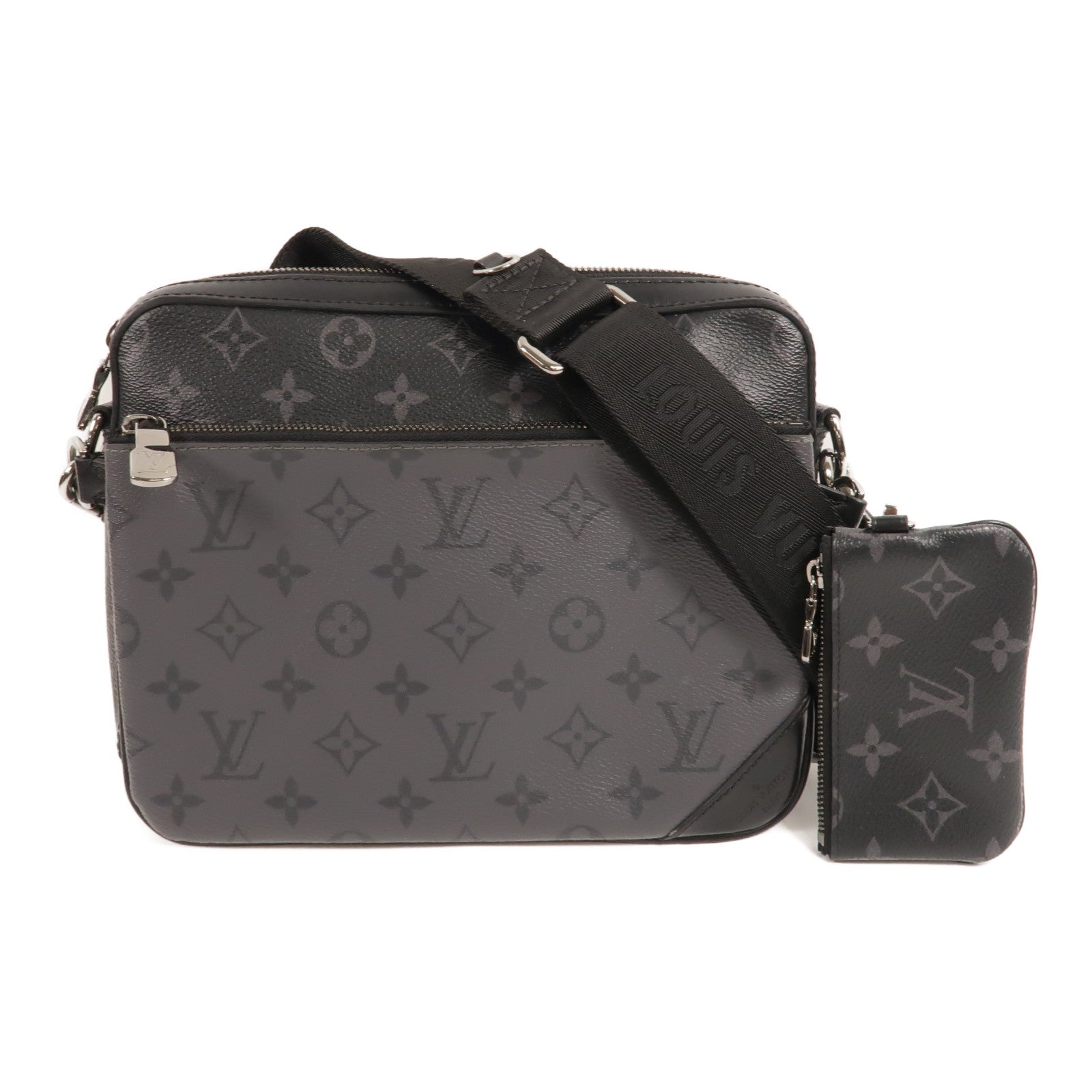 LOUIS VUITTON Monogram Eclipse Reverse Trio Messenger銀扣肩背袋灰色