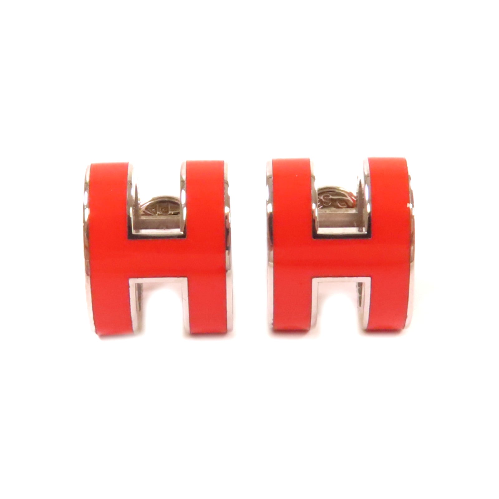 HERMES 金屬/琺瑯Pop H Earrings銀扣耳環橙紅色/銀色