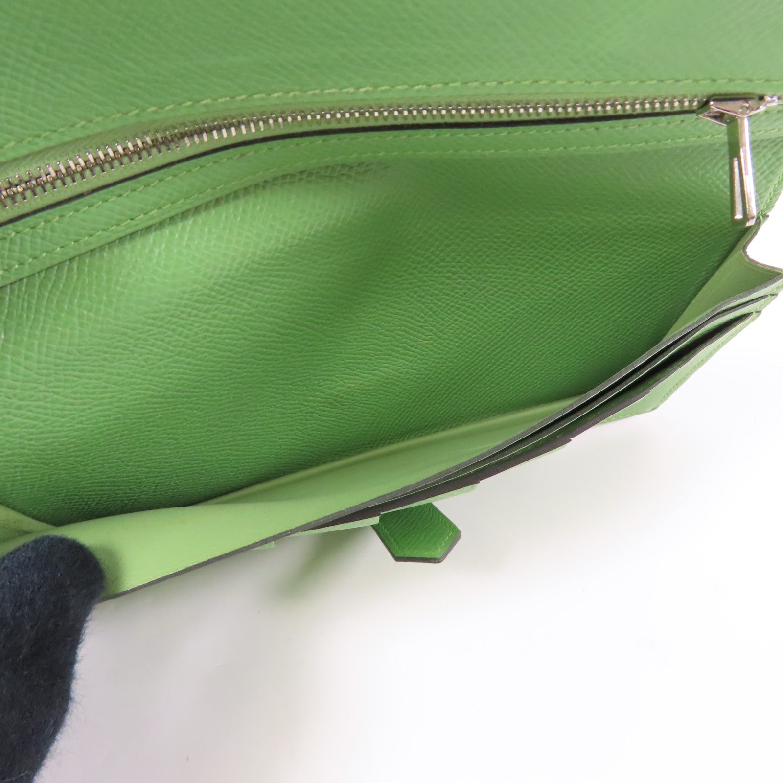 HERMES Epsom皮革Bearn Long Wallet銀扣長錢包Vert Criquet