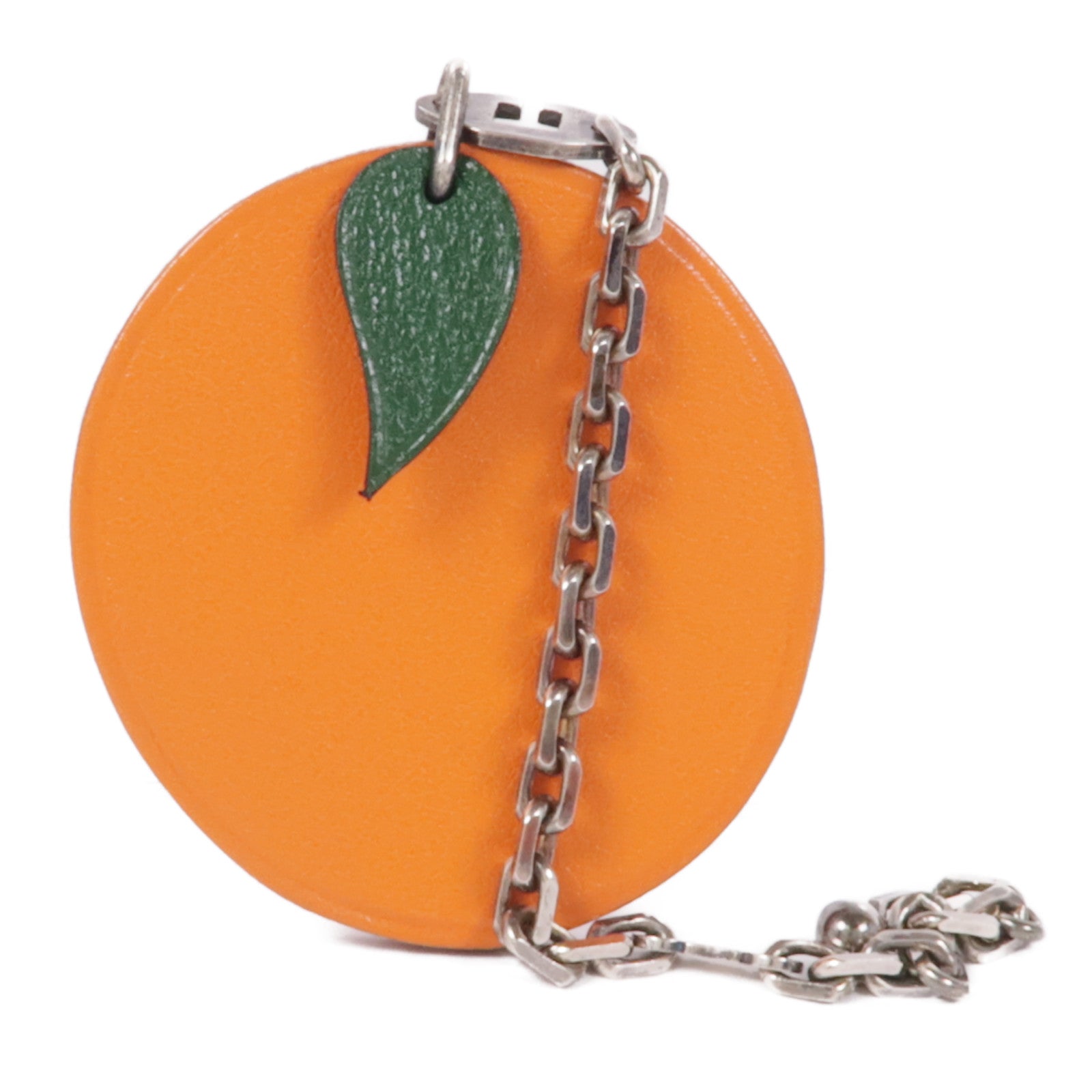 HERMES 皮革Orange Charm銀扣掛飾Orange
