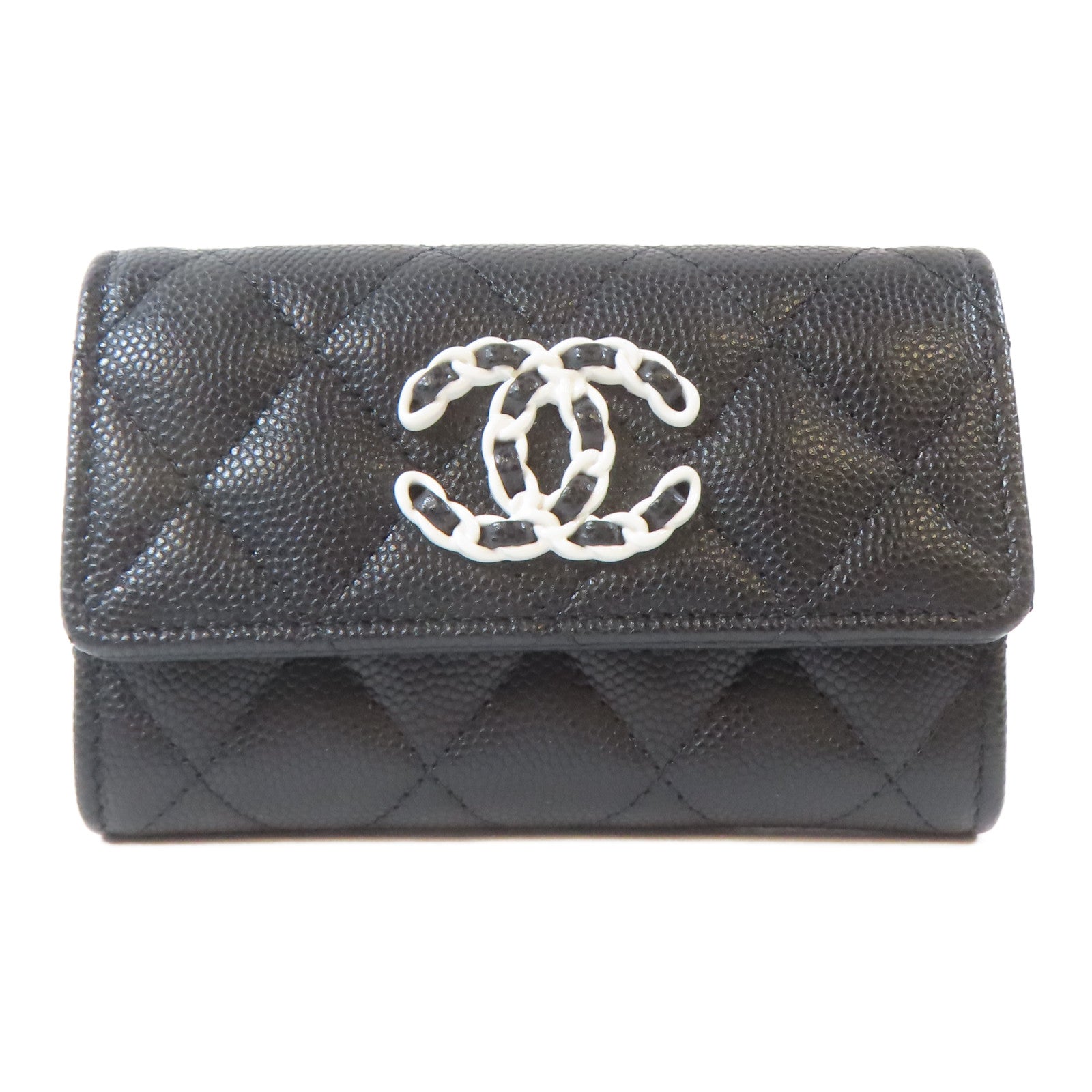 CHANEL 菱格Caviar皮革Card Case銀扣卡片套黑色