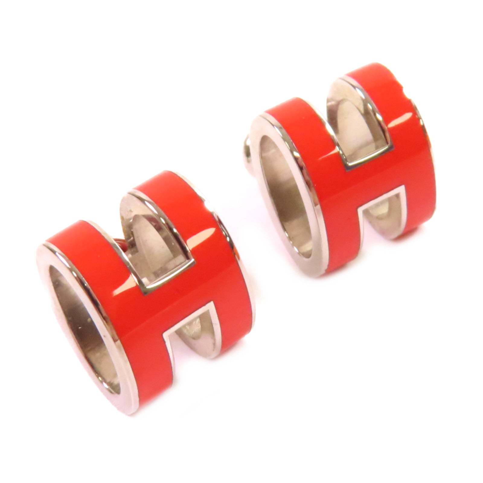 HERMES 金屬/琺瑯Pop H Earrings銀扣耳環橙紅色/銀色