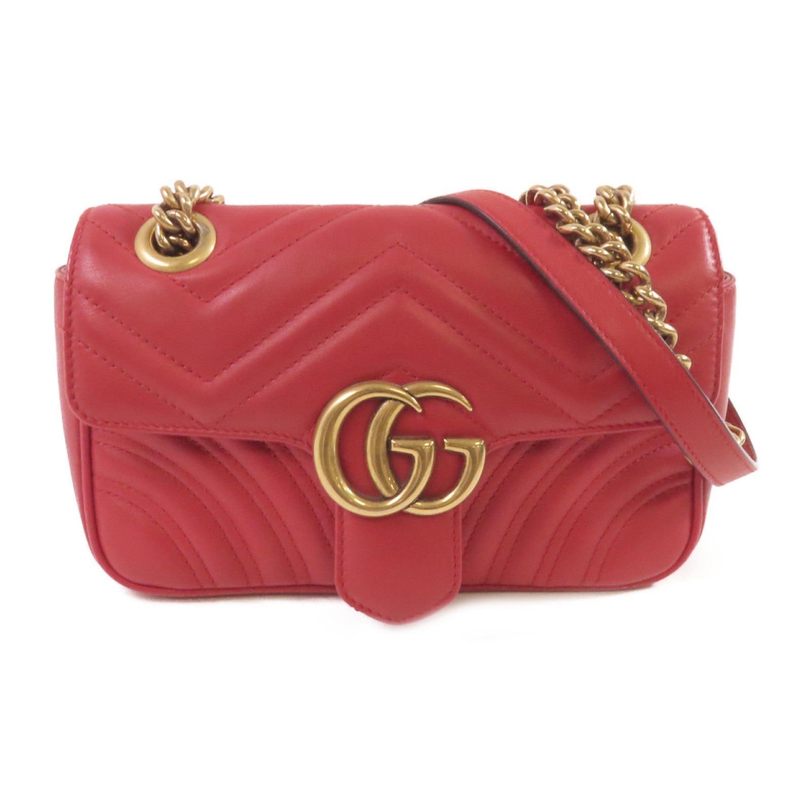 GUCCI 牛皮皮革GG Marmont Shoulder Bag金扣鏈帶肩背袋紅色