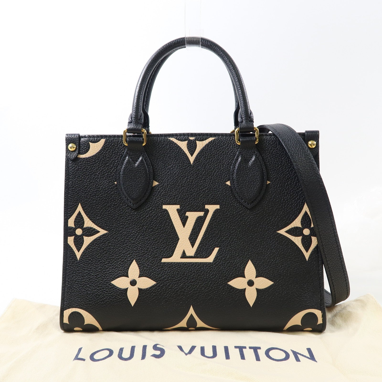 LOUIS VUITTON Monogram Empreinte On The Go PM金扣手挽肩背兩用袋黑色/米色