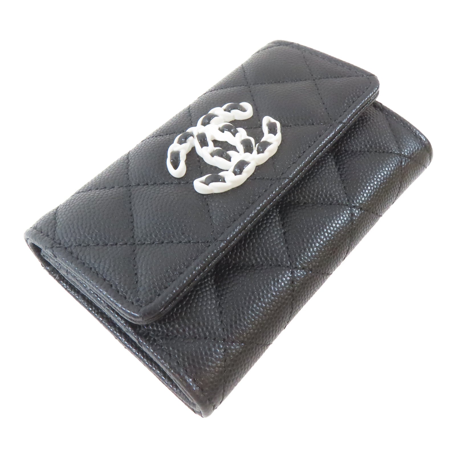 CHANEL 菱格Caviar皮革Card Case銀扣卡片套黑色